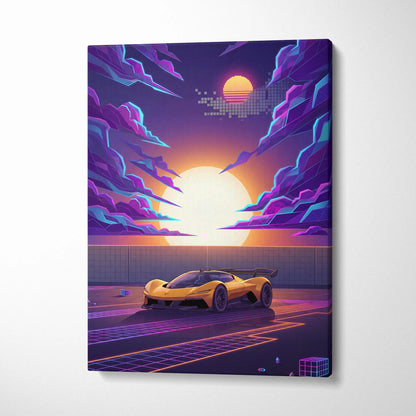 Chevrolet Corvette CX Concept Inspired Yellow Purple Canvas Wall Art, Vaporwave Sports Car Artwork, Neon Grid Garage Decor, Retro Futuristic Auto Print