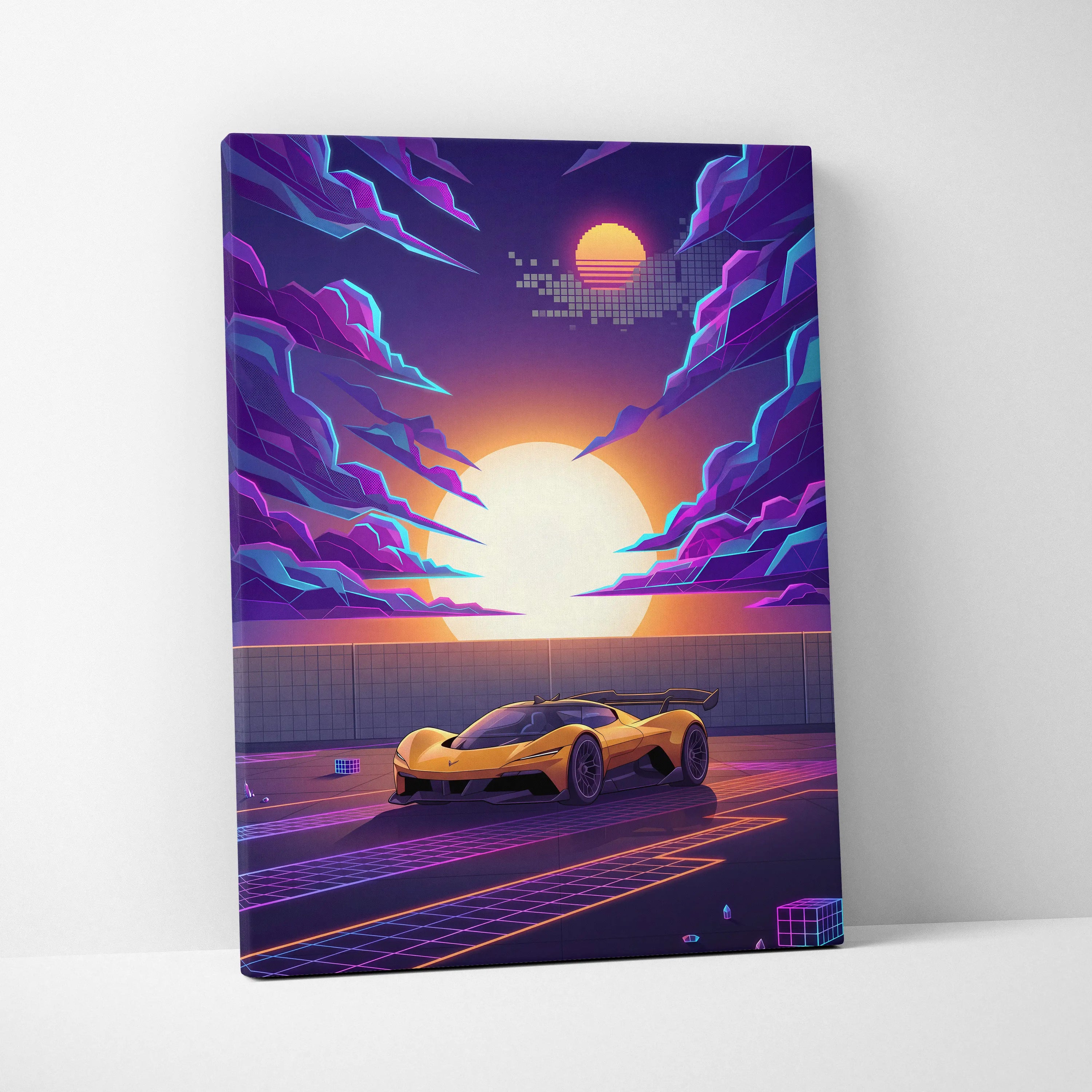 Chevrolet Corvette CX Concept Inspired Yellow Purple Canvas Wall Art, Vaporwave Sports Car Artwork, Neon Grid Garage Decor, Retro Futuristic Auto Print