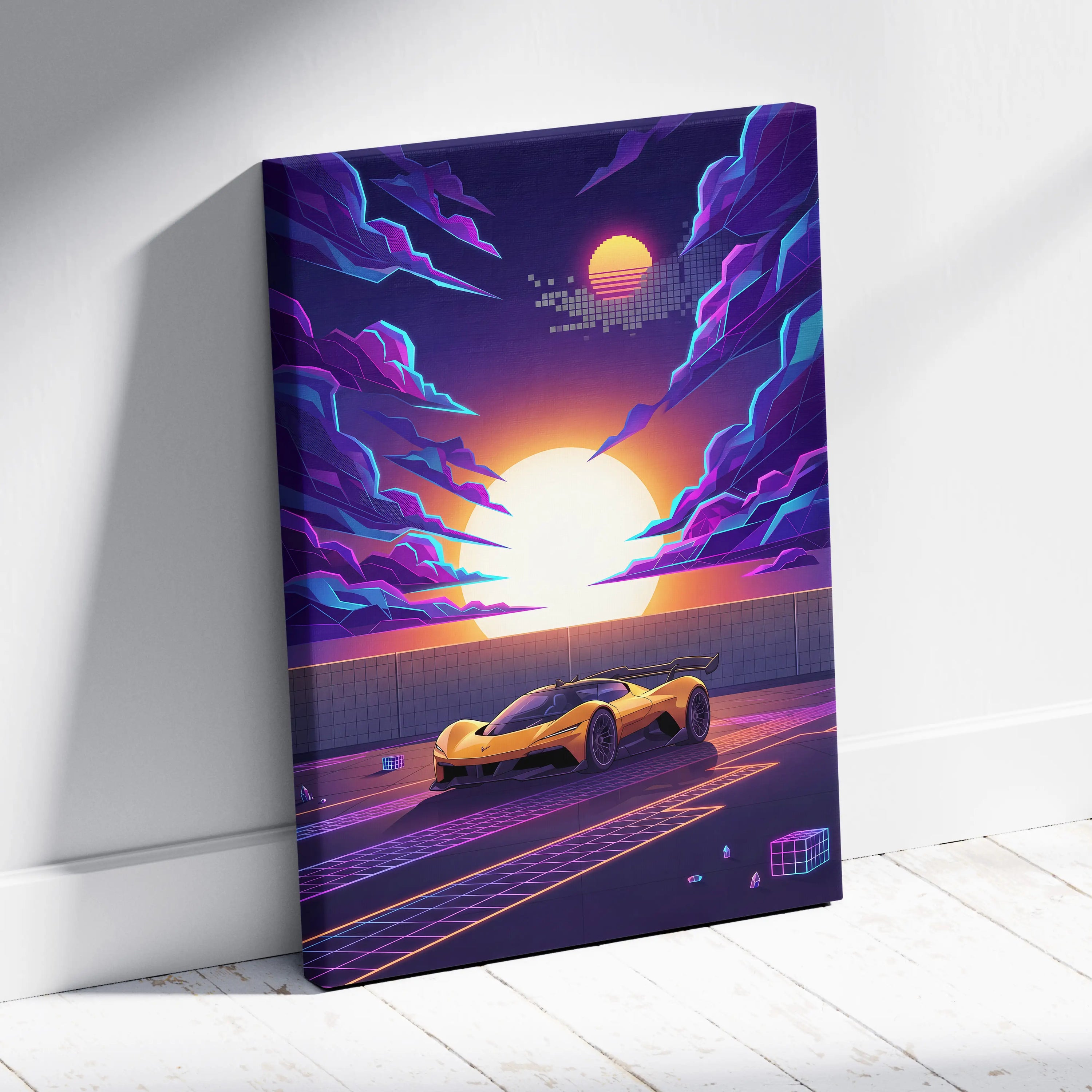 Chevrolet Corvette CX Concept Inspired Yellow Purple Canvas Wall Art, Vaporwave Sports Car Artwork, Neon Grid Garage Decor, Retro Futuristic Auto Print
