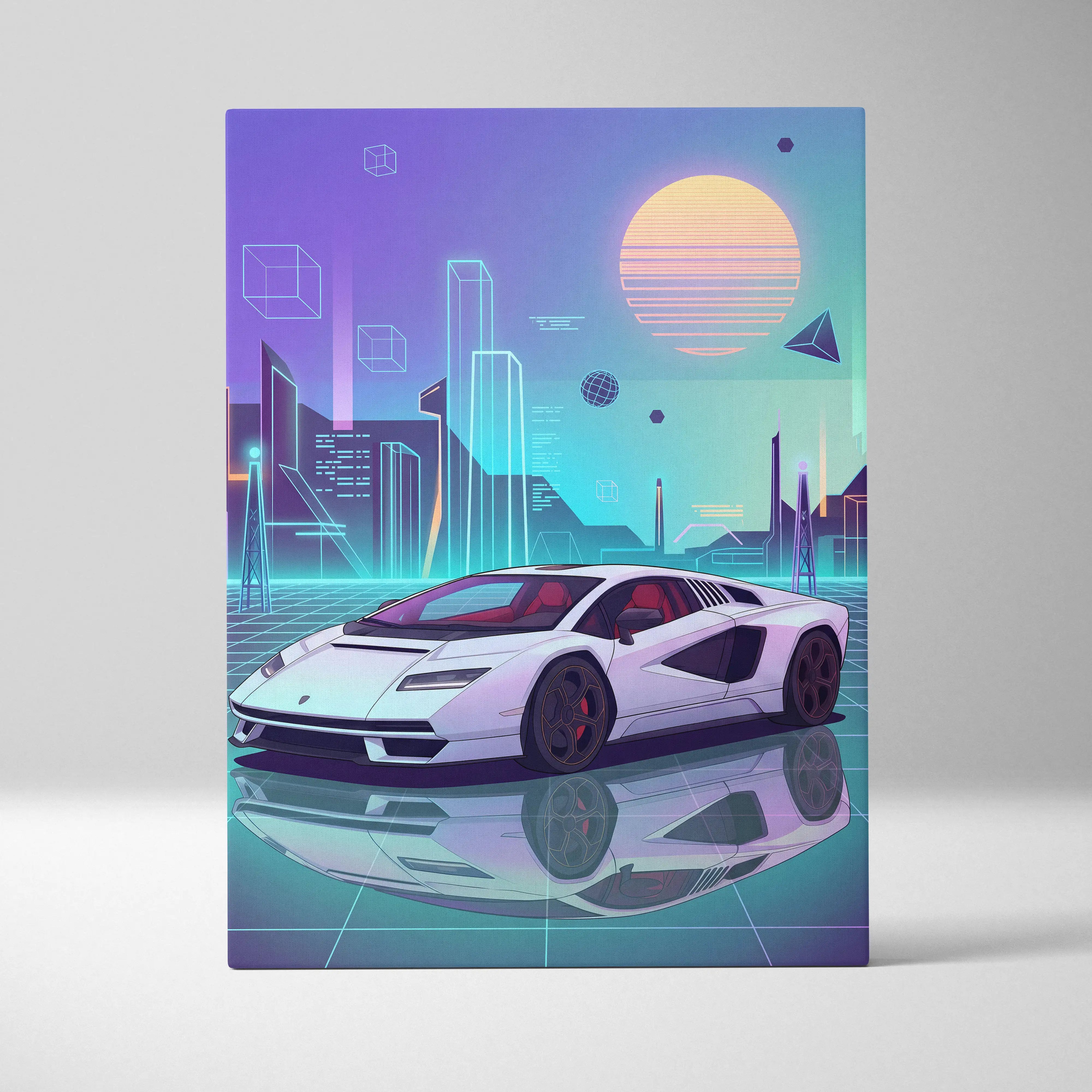 Lamborghini countach inspired white canvas wall art featuring a red interior sports car in a neon retro futuristic cityscape