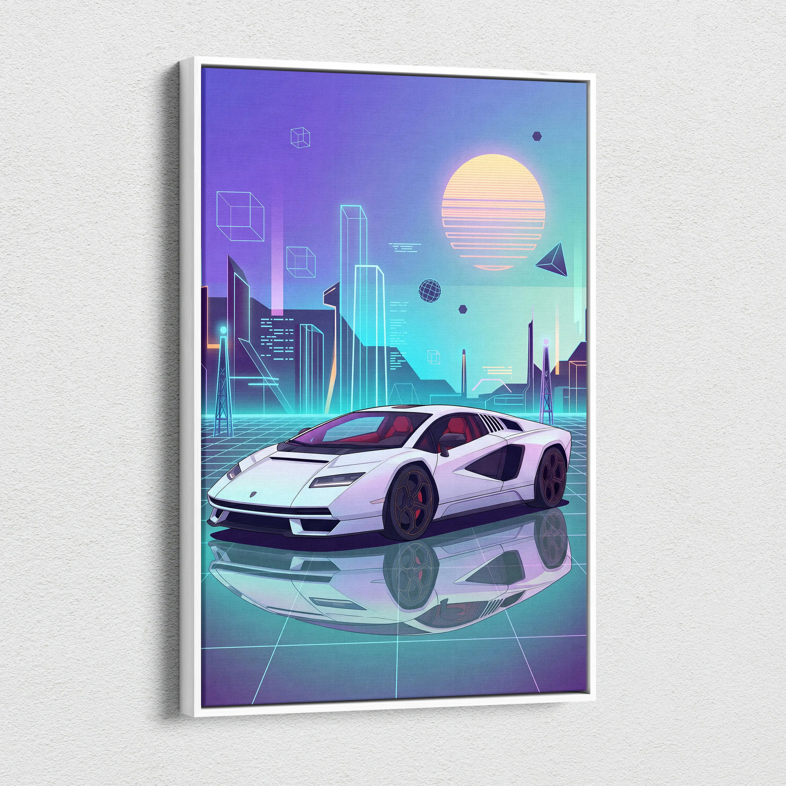 Lamborghini Countach Inspired White Purple Canvas Wall Art, Vaporwave Supercar Artwork, Neon City Garage Decor, Retro Futuristic Exotic Print