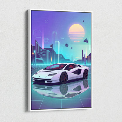 Lamborghini Countach Inspired White Purple Canvas Wall Art, Vaporwave Supercar Artwork, Neon City Garage Decor, Retro Futuristic Exotic Print
