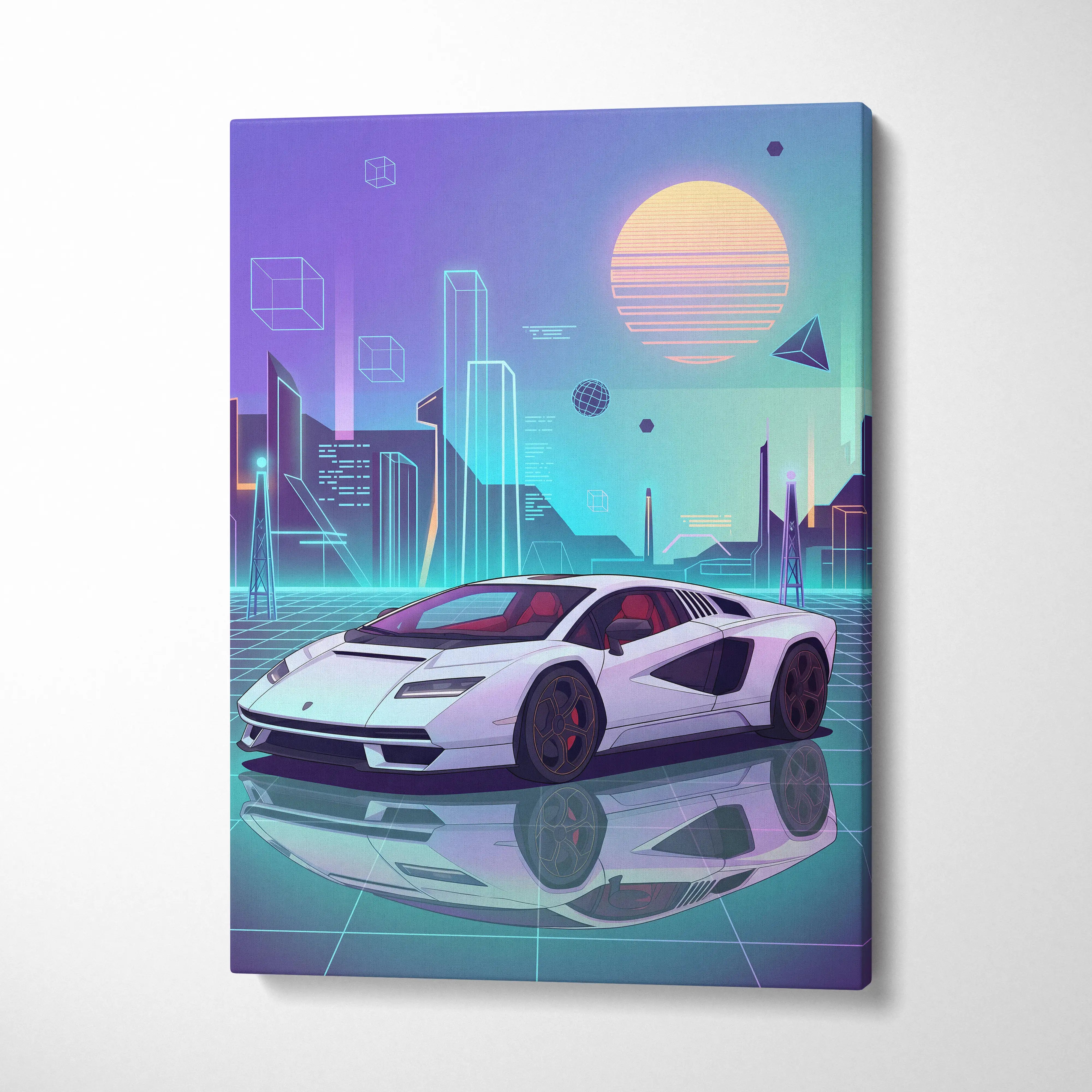 Lamborghini Countach Inspired White Purple Canvas Wall Art, Vaporwave Supercar Artwork, Neon City Garage Decor, Retro Futuristic Exotic Print