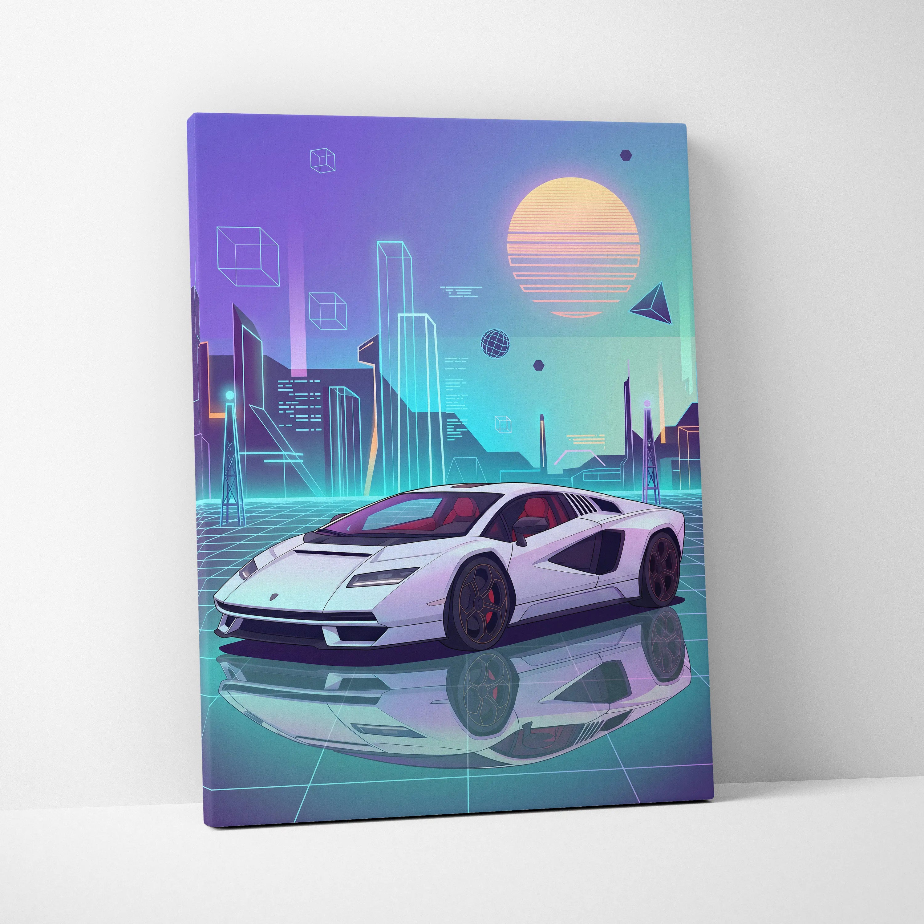 Lamborghini Countach Inspired White Purple Canvas Wall Art, Vaporwave Supercar Artwork, Neon City Garage Decor, Retro Futuristic Exotic Print