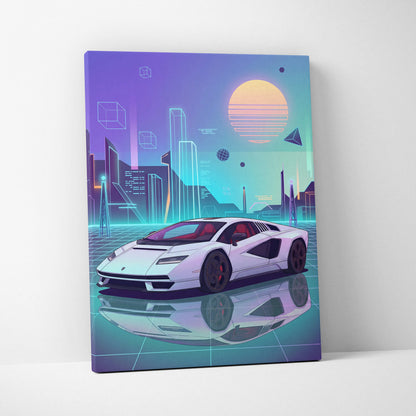 Lamborghini Countach Inspired White Purple Canvas Wall Art, Vaporwave Supercar Artwork, Neon City Garage Decor, Retro Futuristic Exotic Print