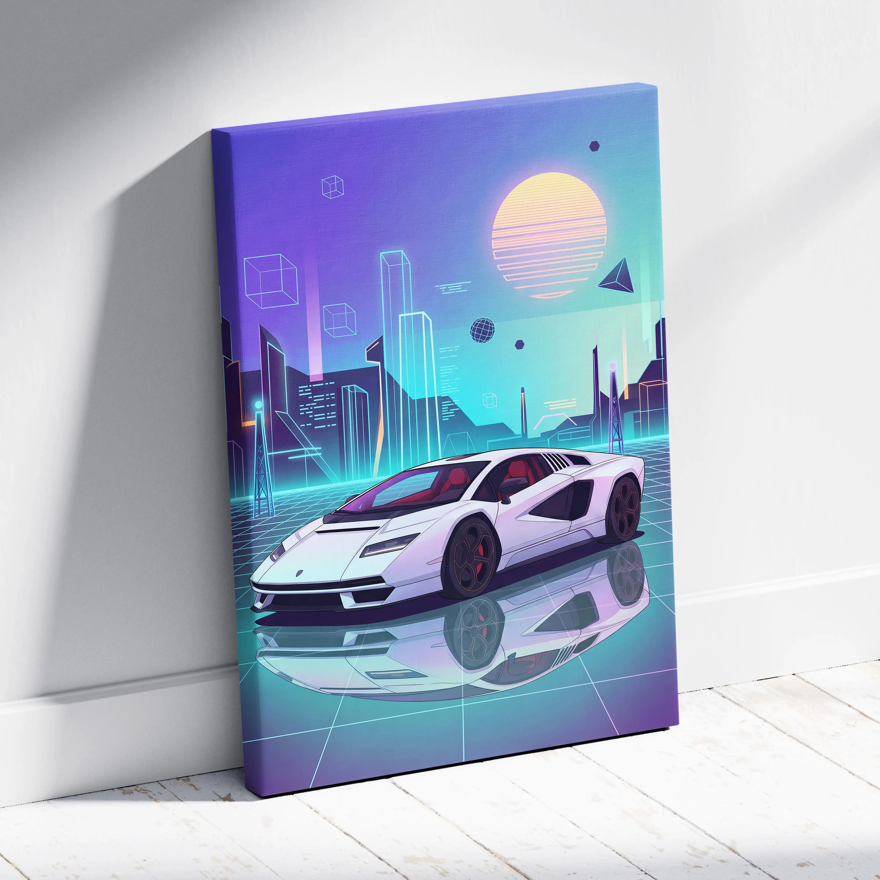 Lamborghini Countach Inspired White Purple Canvas Wall Art, Vaporwave Supercar Artwork, Neon City Garage Decor, Retro Futuristic Exotic Print