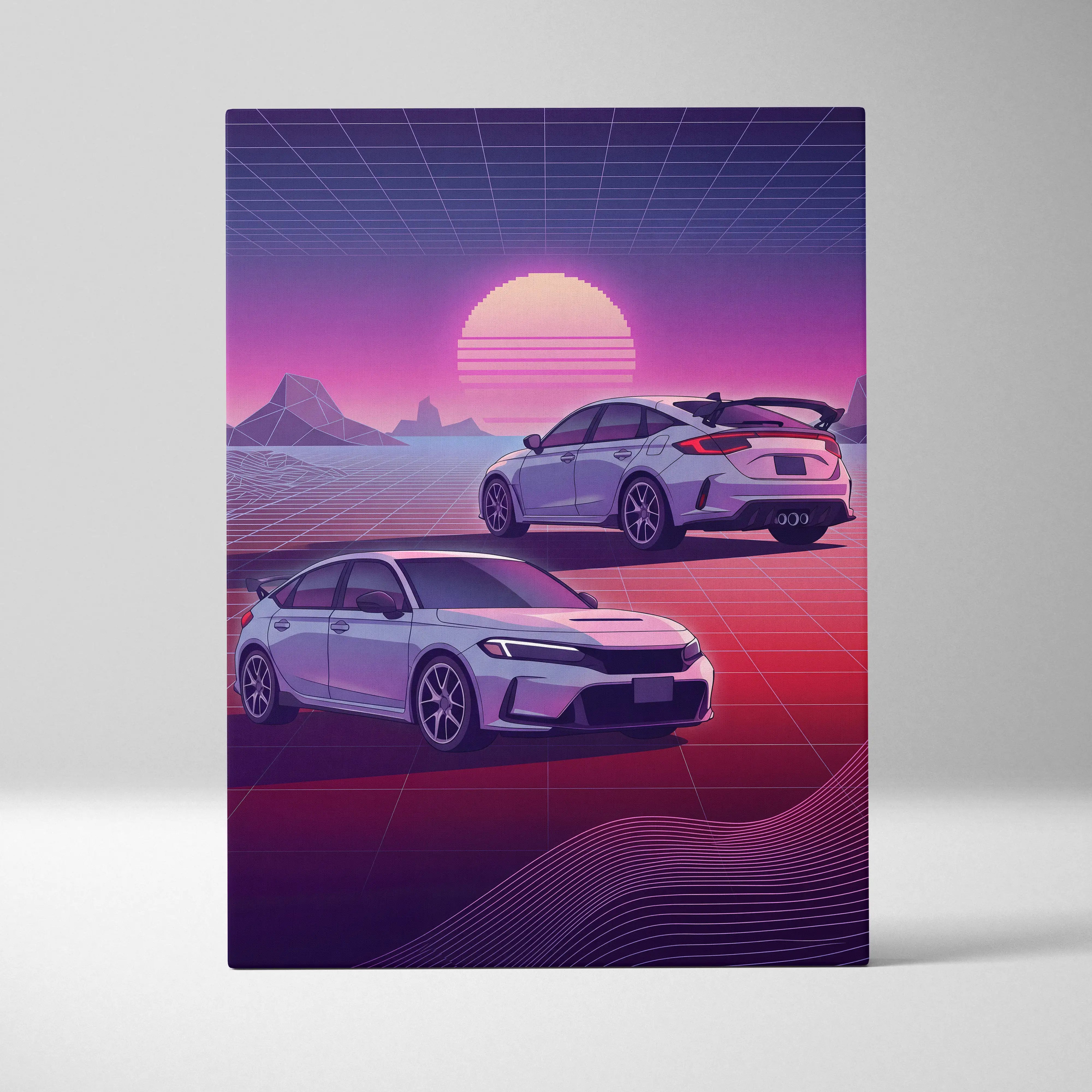 Nissan GT-R sports car digital art with sleek silver body and black racing stripes on vaporwave JDM canvas wall decor