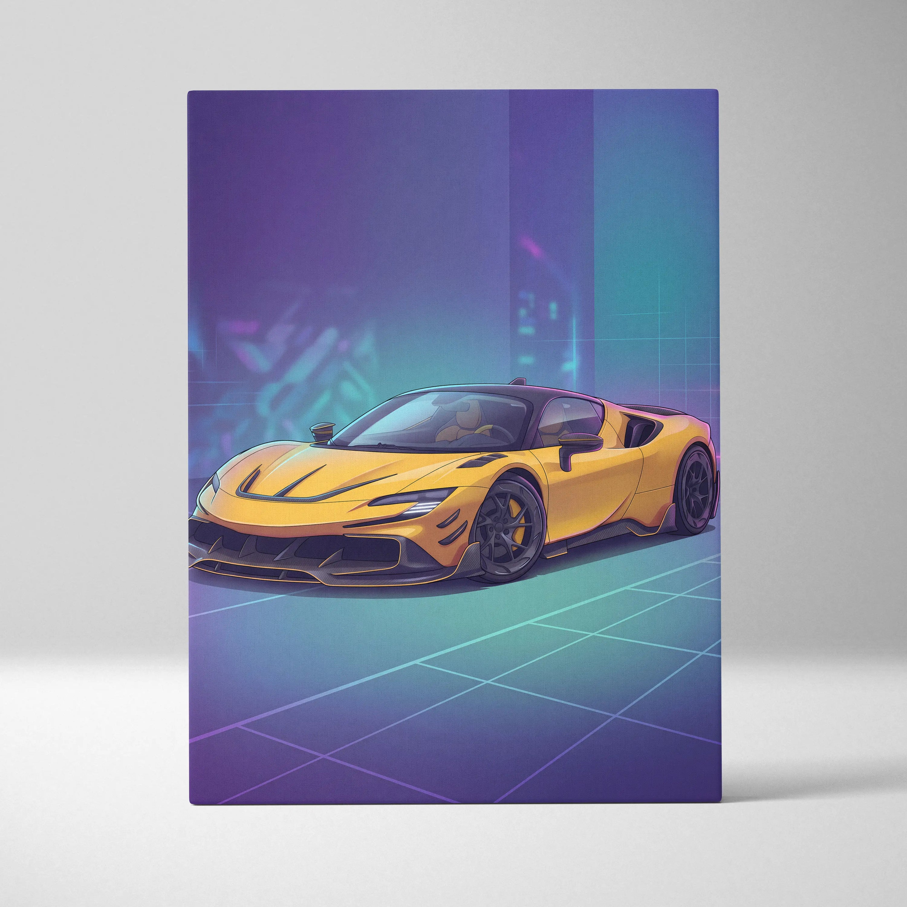 Ferrari SF90 Inspired Yellow Purple Canvas Wall Art, Vaporwave Supercar Artwork, Neon Grid Garage Decor, Retro Futuristic Exotic Car Print