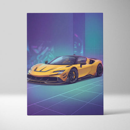 Ferrari SF90 Inspired Yellow Purple Canvas Wall Art, Vaporwave Supercar Artwork, Neon Grid Garage Decor, Retro Futuristic Exotic Car Print