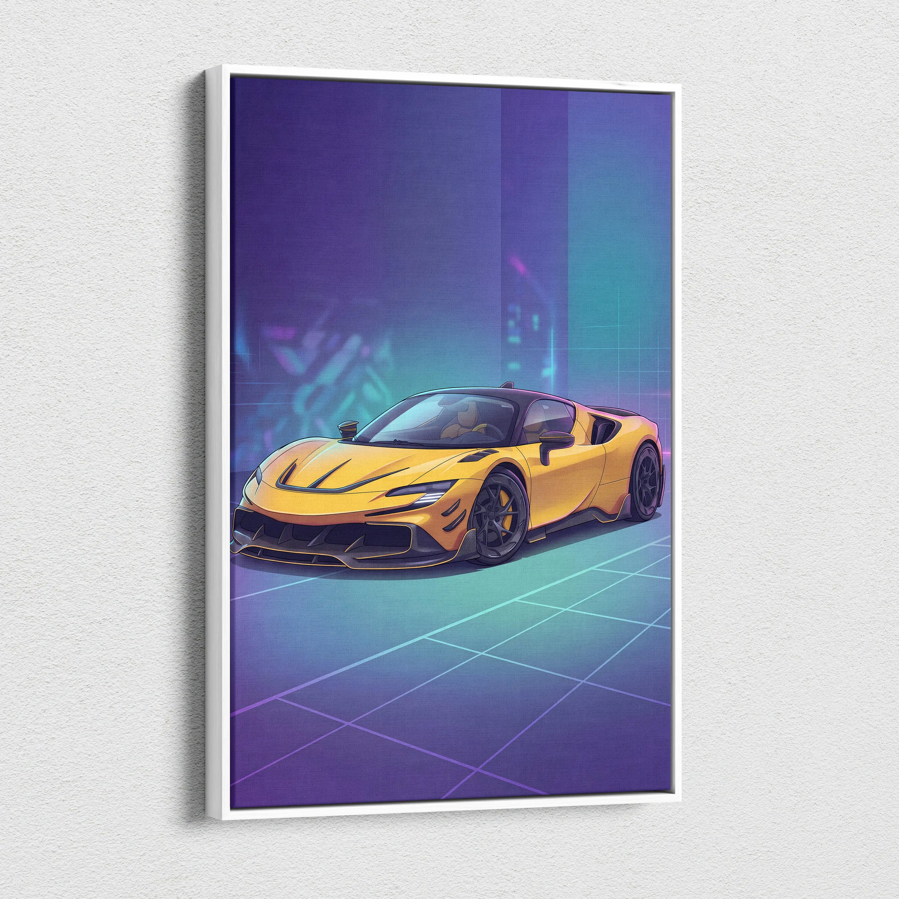 Ferrari SF90 Inspired Yellow Purple Canvas Wall Art, Vaporwave Supercar Artwork, Neon Grid Garage Decor, Retro Futuristic Exotic Car Print