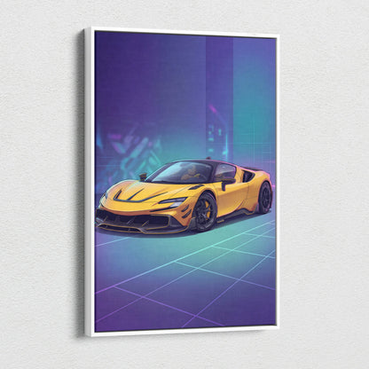 Ferrari SF90 Inspired Yellow Purple Canvas Wall Art, Vaporwave Supercar Artwork, Neon Grid Garage Decor, Retro Futuristic Exotic Car Print
