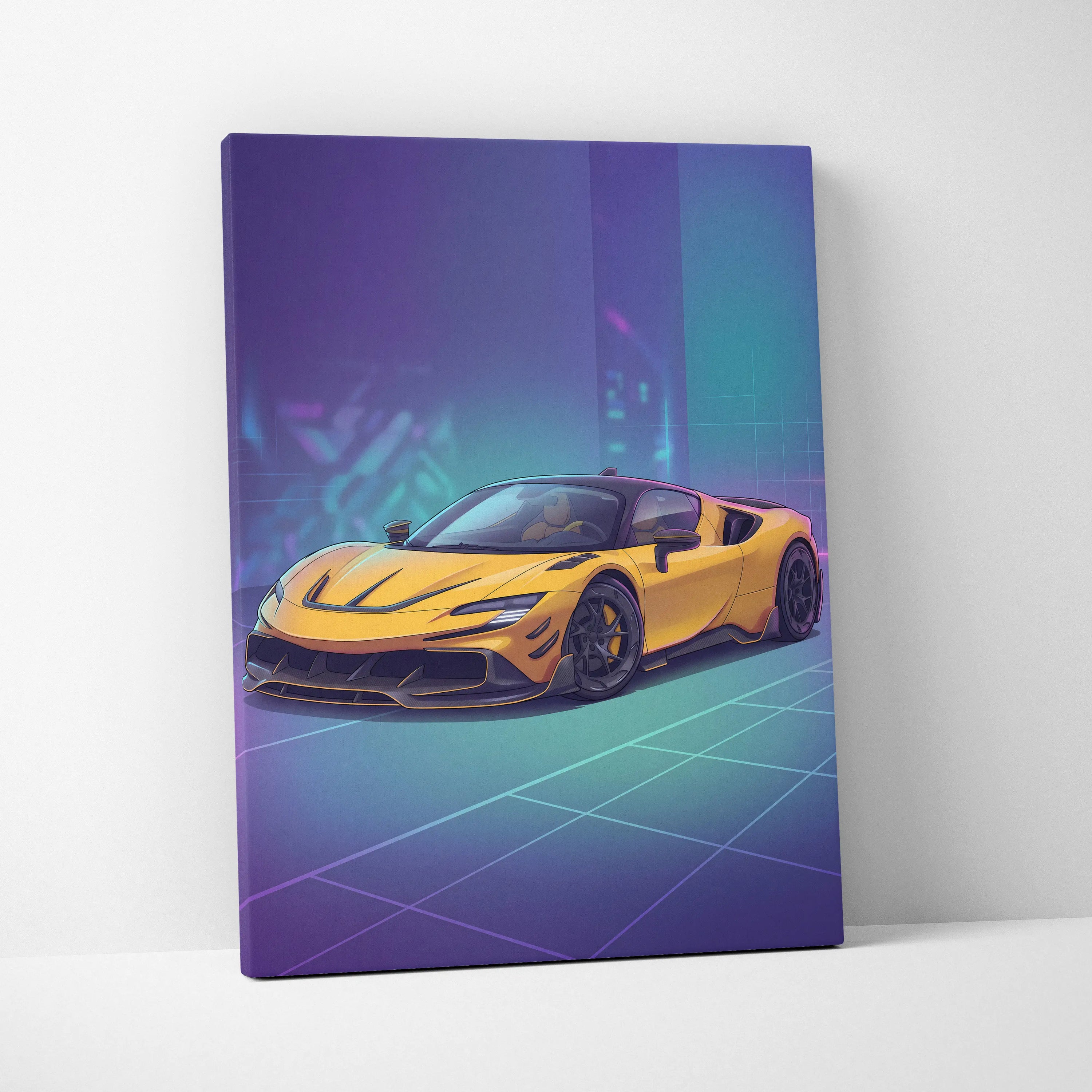 Ferrari SF90 Inspired Yellow Purple Canvas Wall Art, Vaporwave Supercar Artwork, Neon Grid Garage Decor, Retro Futuristic Exotic Car Print