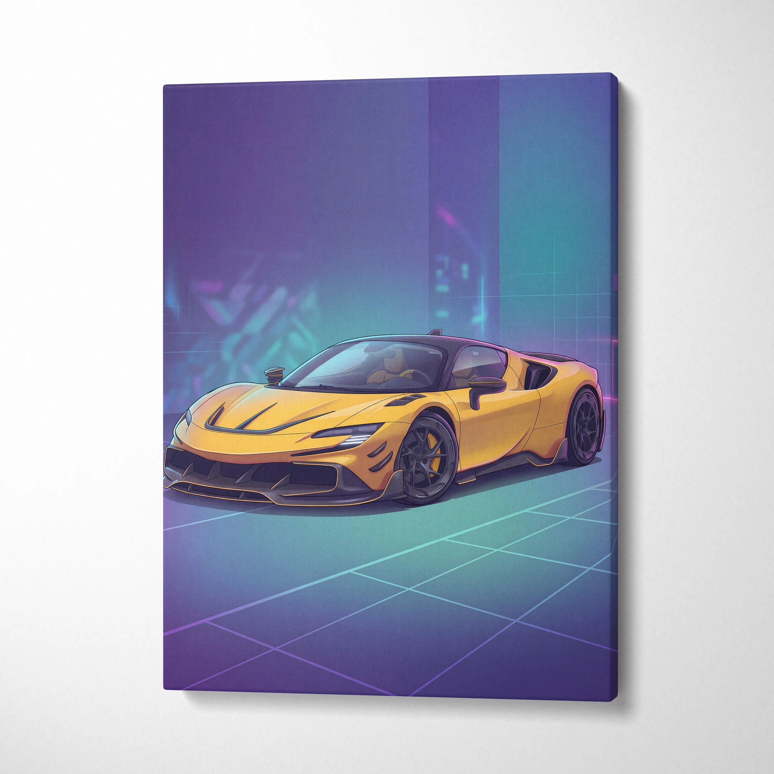 Ferrari SF90 Inspired Yellow Purple Canvas Wall Art, Vaporwave Supercar Artwork, Neon Grid Garage Decor, Retro Futuristic Exotic Car Print