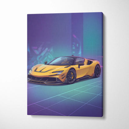 Ferrari SF90 Inspired Yellow Purple Canvas Wall Art, Vaporwave Supercar Artwork, Neon Grid Garage Decor, Retro Futuristic Exotic Car Print