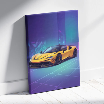 Ferrari SF90 Inspired Yellow Purple Canvas Wall Art, Vaporwave Supercar Artwork, Neon Grid Garage Decor, Retro Futuristic Exotic Car Print