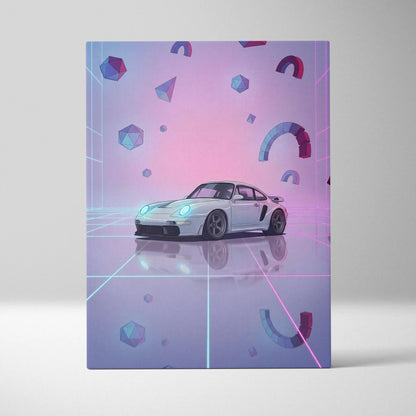 Porsche 911 Classic Inspired White Purple Canvas Wall Art, Vaporwave Widebody Car Artwork, Neon Grid Garage Decor, Retro Futuristic Art