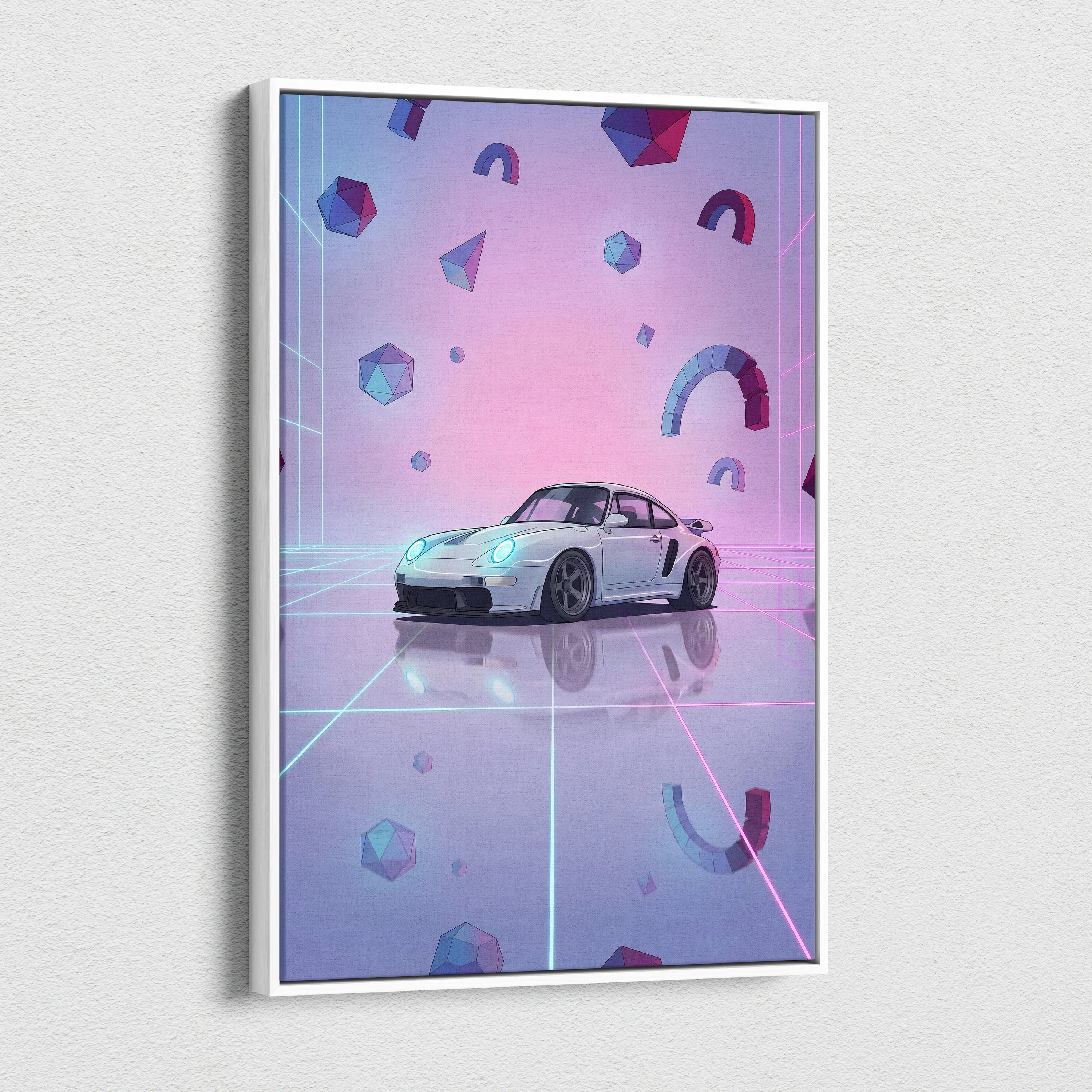 Porsche 911 Classic Inspired White Purple Canvas Wall Art, Vaporwave Widebody Car Artwork, Neon Grid Garage Decor, Retro Futuristic Art