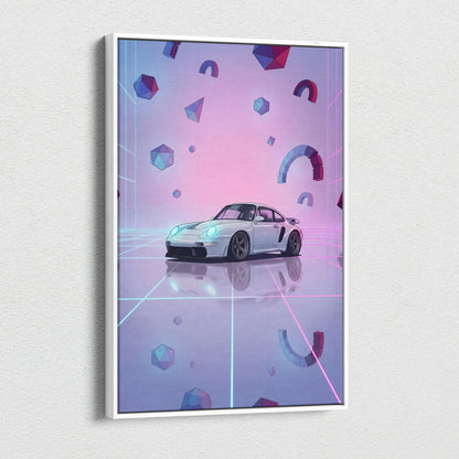 Porsche 911 Classic Inspired White Purple Canvas Wall Art, Vaporwave Widebody Car Artwork, Neon Grid Garage Decor, Retro Futuristic Art