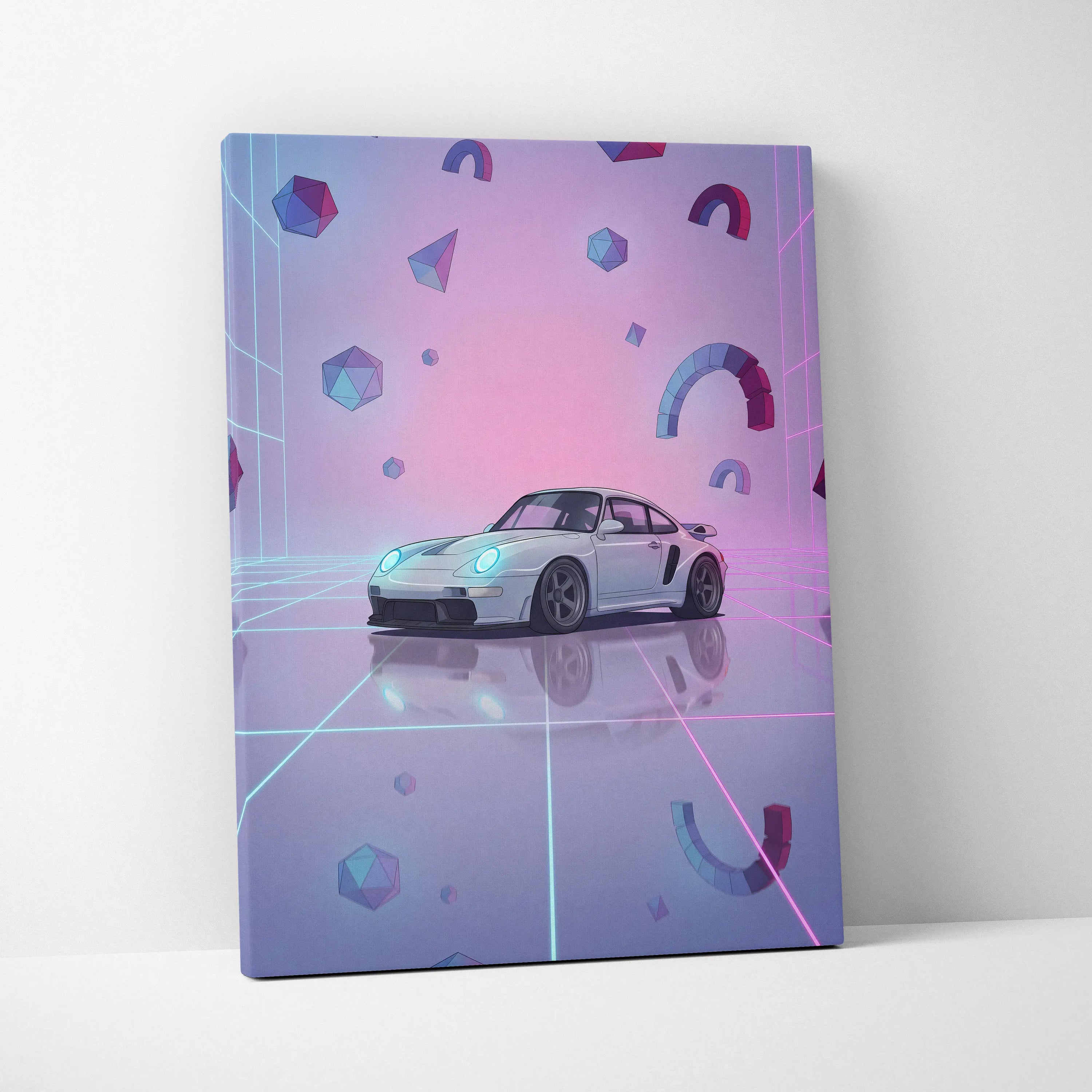 Porsche 911 Classic Inspired White Purple Canvas Wall Art, Vaporwave Widebody Car Artwork, Neon Grid Garage Decor, Retro Futuristic Art