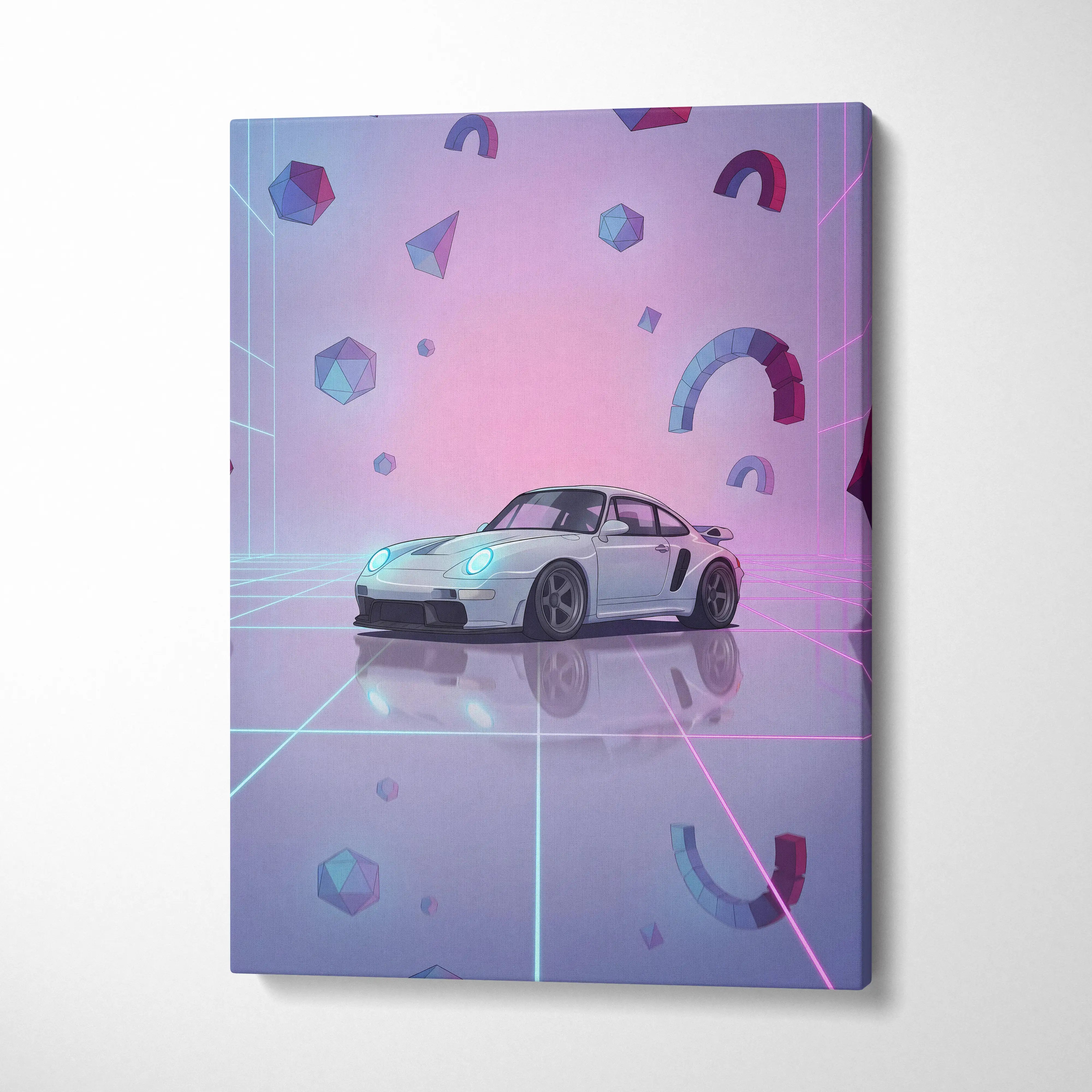 Porsche 911 Classic Inspired White Purple Canvas Wall Art, Vaporwave Widebody Car Artwork, Neon Grid Garage Decor, Retro Futuristic Art