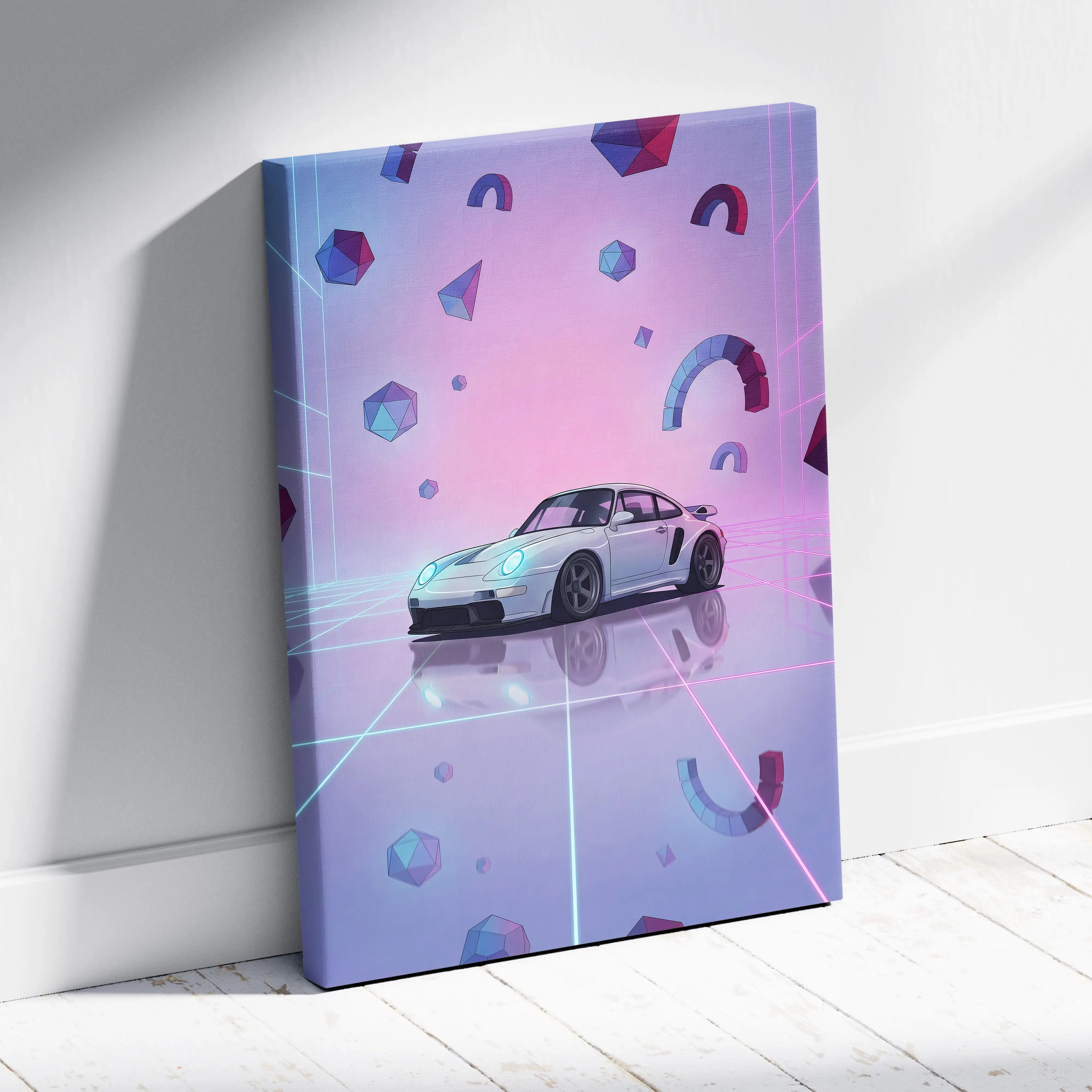Porsche 911 Classic Inspired White Purple Canvas Wall Art, Vaporwave Widebody Car Artwork, Neon Grid Garage Decor, Retro Futuristic Art