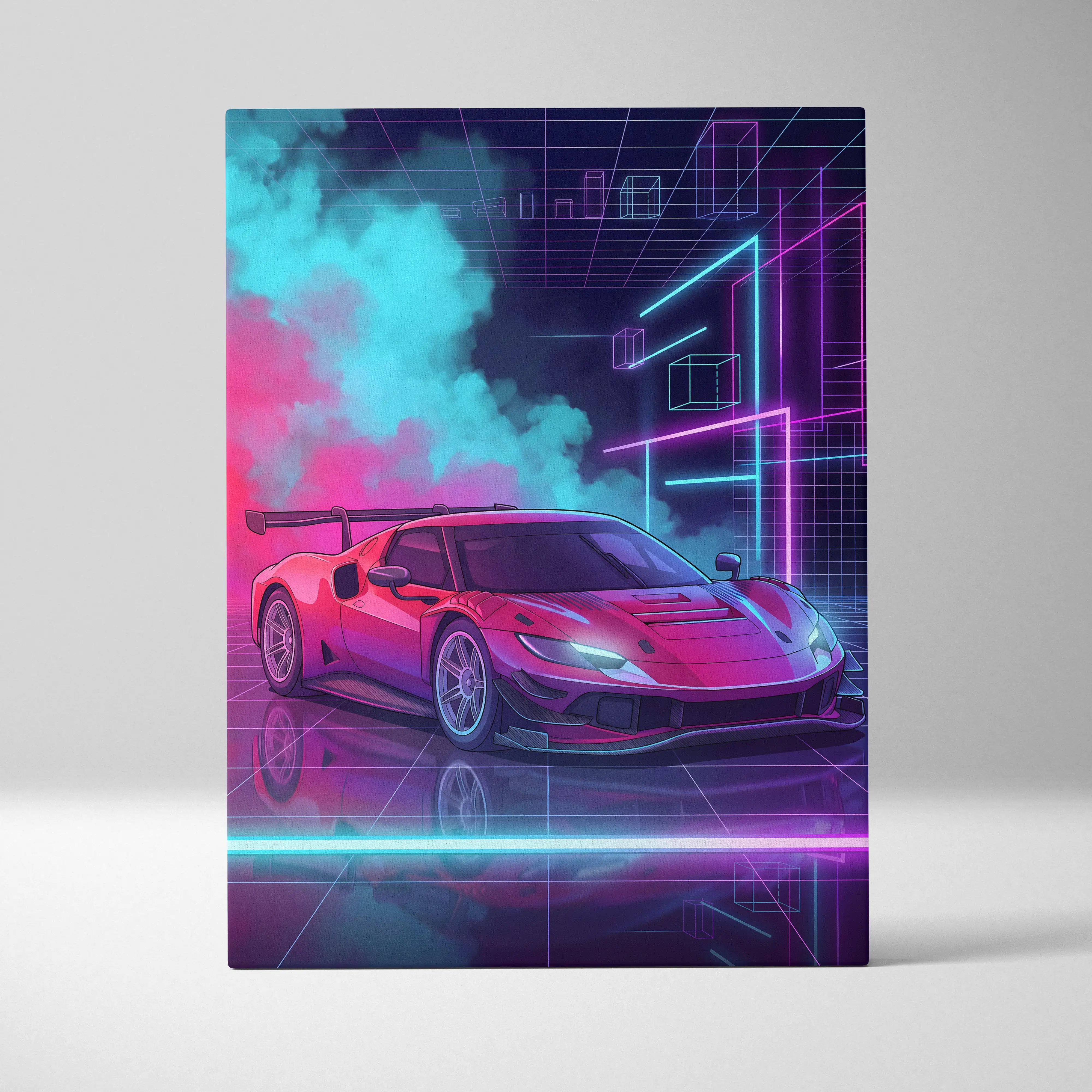 Ferrari 296 gt3 inspired red teal canvas wall art featuring vibrant pink and purple neon-lit sports car illustration