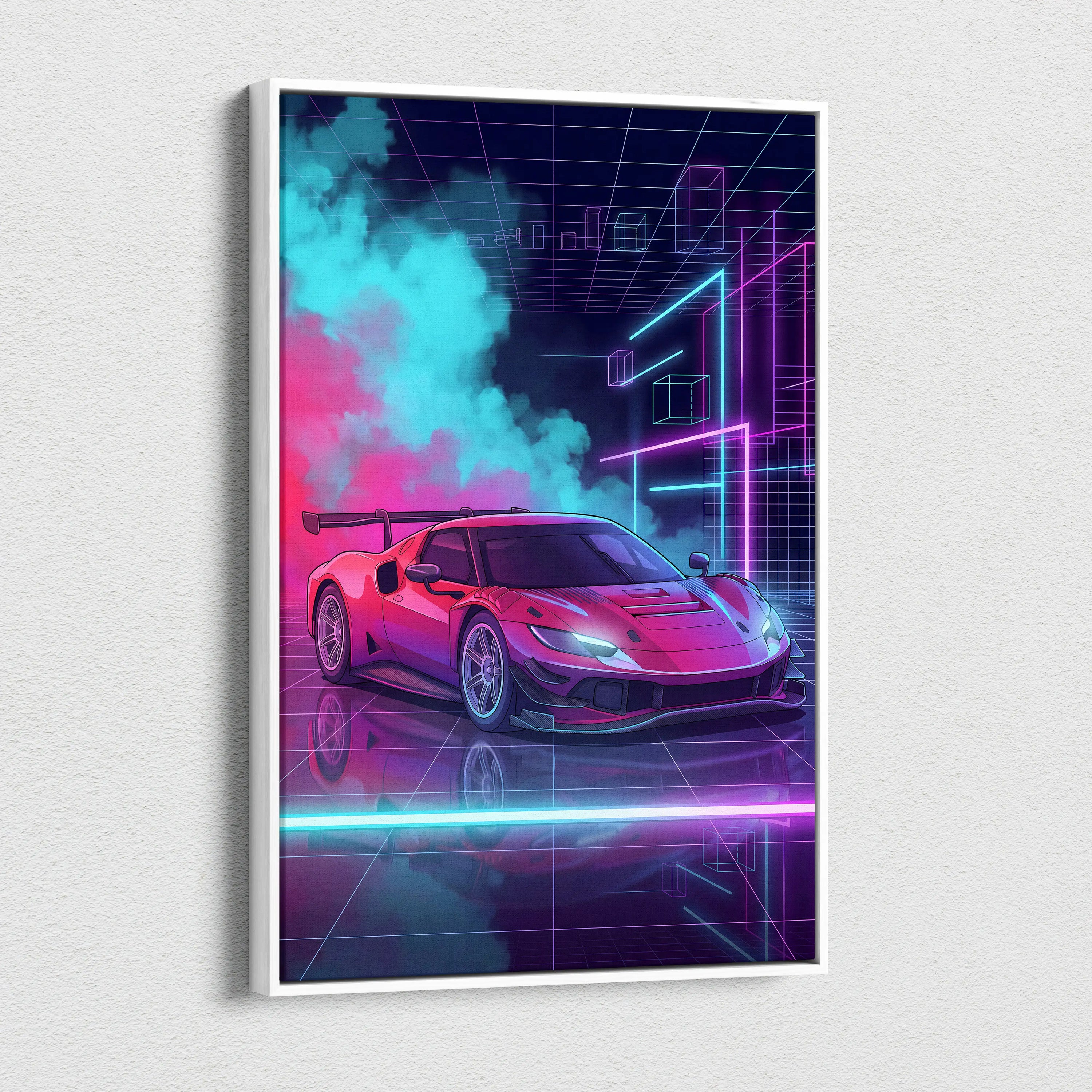 Ferrari 296 GT3 Inspired Red Teal Canvas Wall Art, Vaporwave Track Car Artwork, Neon Grid Garage Decor, Retro Futuristic Motorsport Print