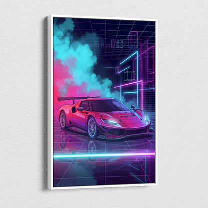 Ferrari 296 GT3 Inspired Red Teal Canvas Wall Art, Vaporwave Track Car Artwork, Neon Grid Garage Decor, Retro Futuristic Motorsport Print