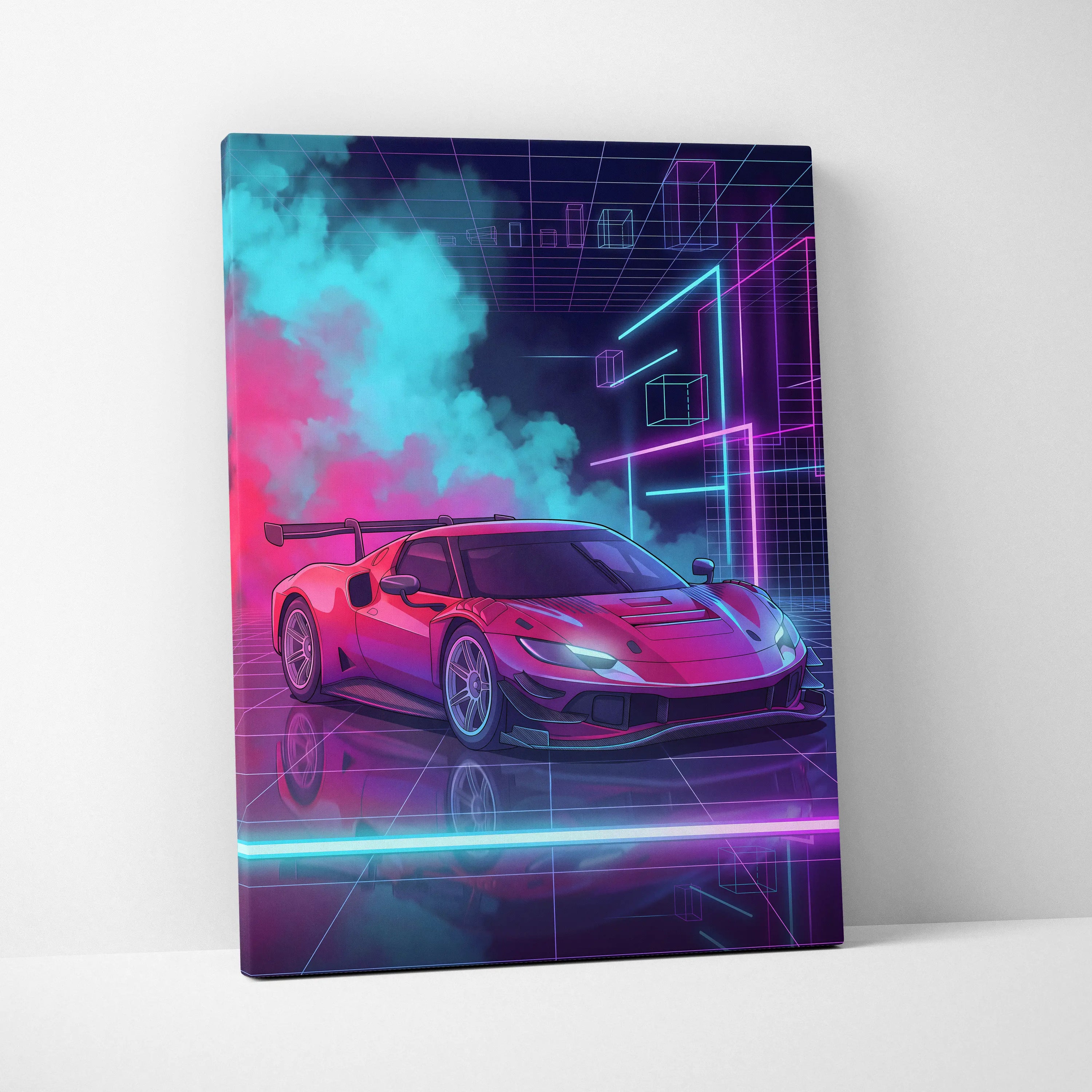 Ferrari 296 GT3 Inspired Red Teal Canvas Wall Art, Vaporwave Track Car Artwork, Neon Grid Garage Decor, Retro Futuristic Motorsport Print
