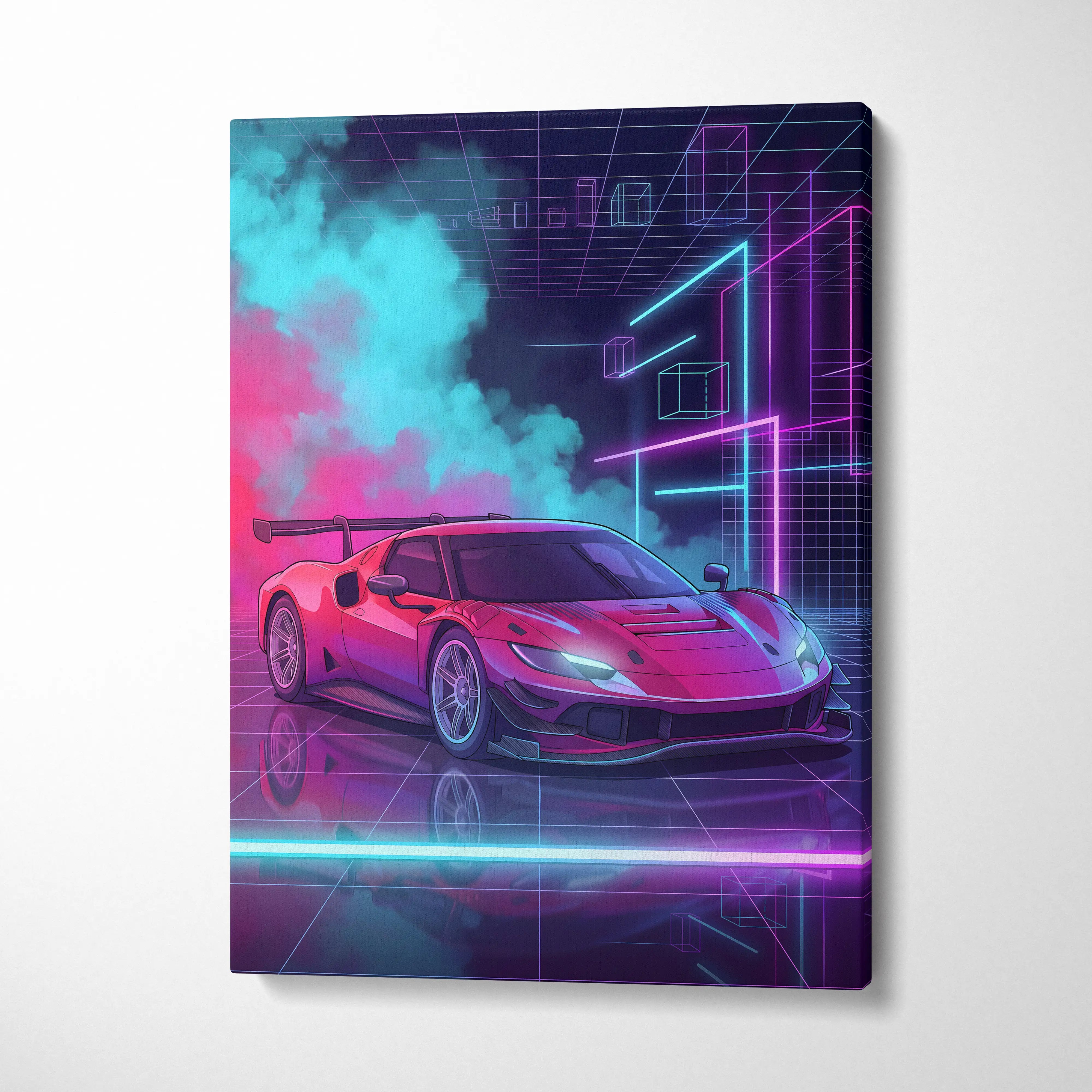 Ferrari 296 GT3 Inspired Red Teal Canvas Wall Art, Vaporwave Track Car Artwork, Neon Grid Garage Decor, Retro Futuristic Motorsport Print