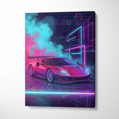 Ferrari 296 GT3 Inspired Red Teal Canvas Wall Art, Vaporwave Track Car Artwork, Neon Grid Garage Decor, Retro Futuristic Motorsport Print
