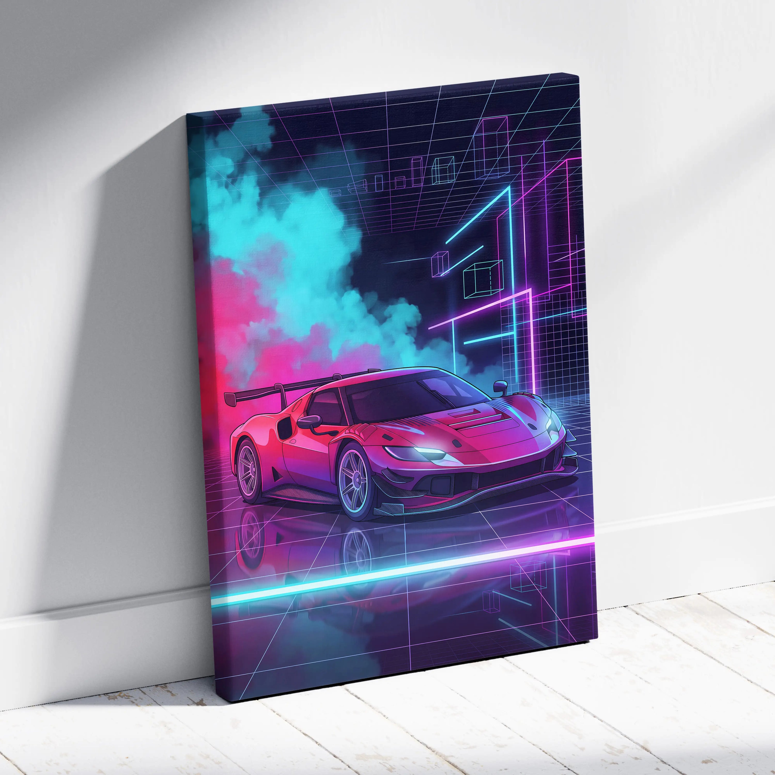 Ferrari 296 GT3 Inspired Red Teal Canvas Wall Art, Vaporwave Track Car Artwork, Neon Grid Garage Decor, Retro Futuristic Motorsport Print