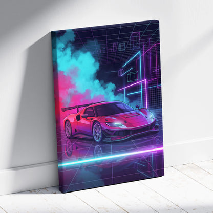 Ferrari 296 GT3 Inspired Red Teal Canvas Wall Art, Vaporwave Track Car Artwork, Neon Grid Garage Decor, Retro Futuristic Motorsport Print