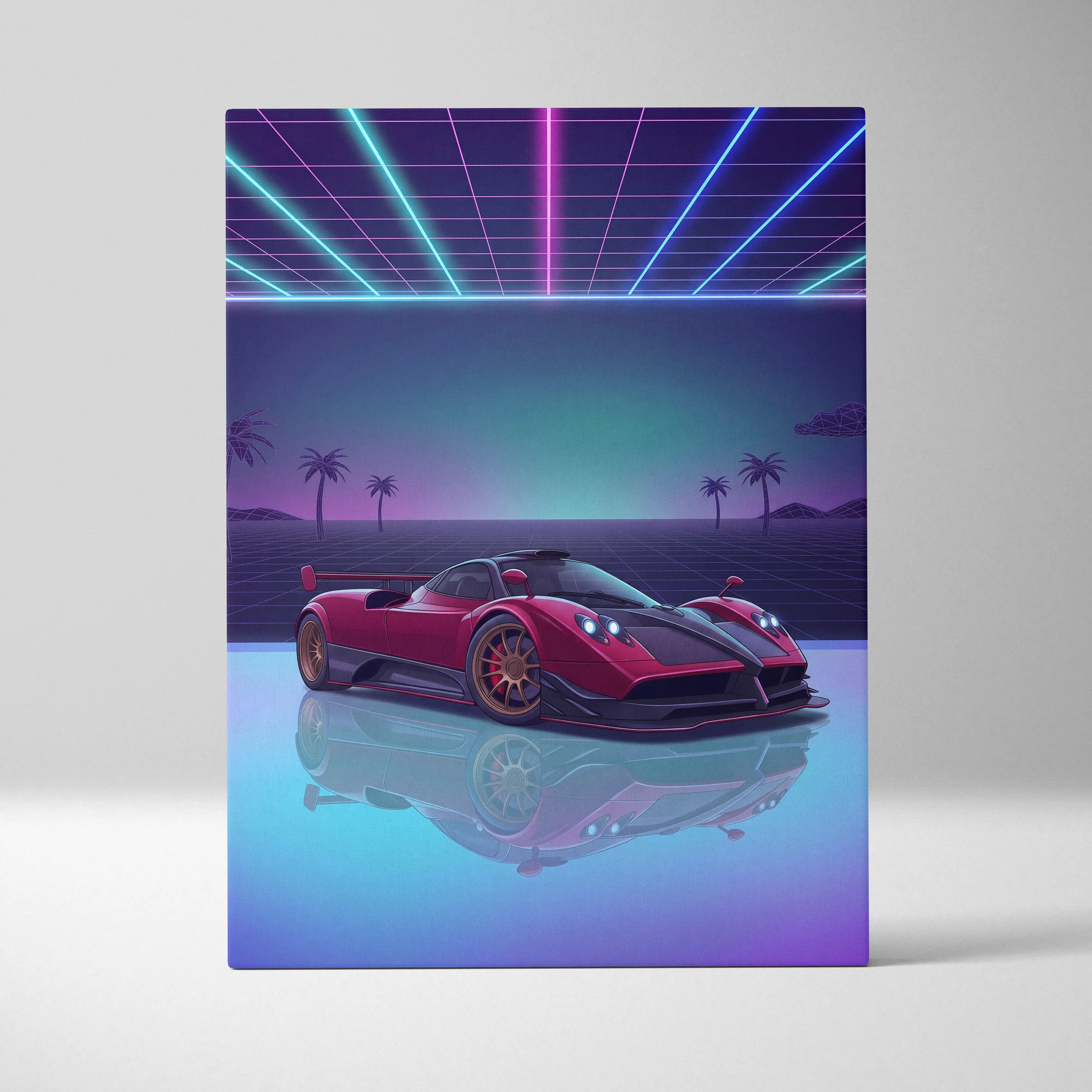 Pagani Zonda Inspired Red Purple Canvas Wall Art, Vaporwave Hypercar Artwork, Neon Grid Garage Decor, Retro Futuristic Exotic Car Print