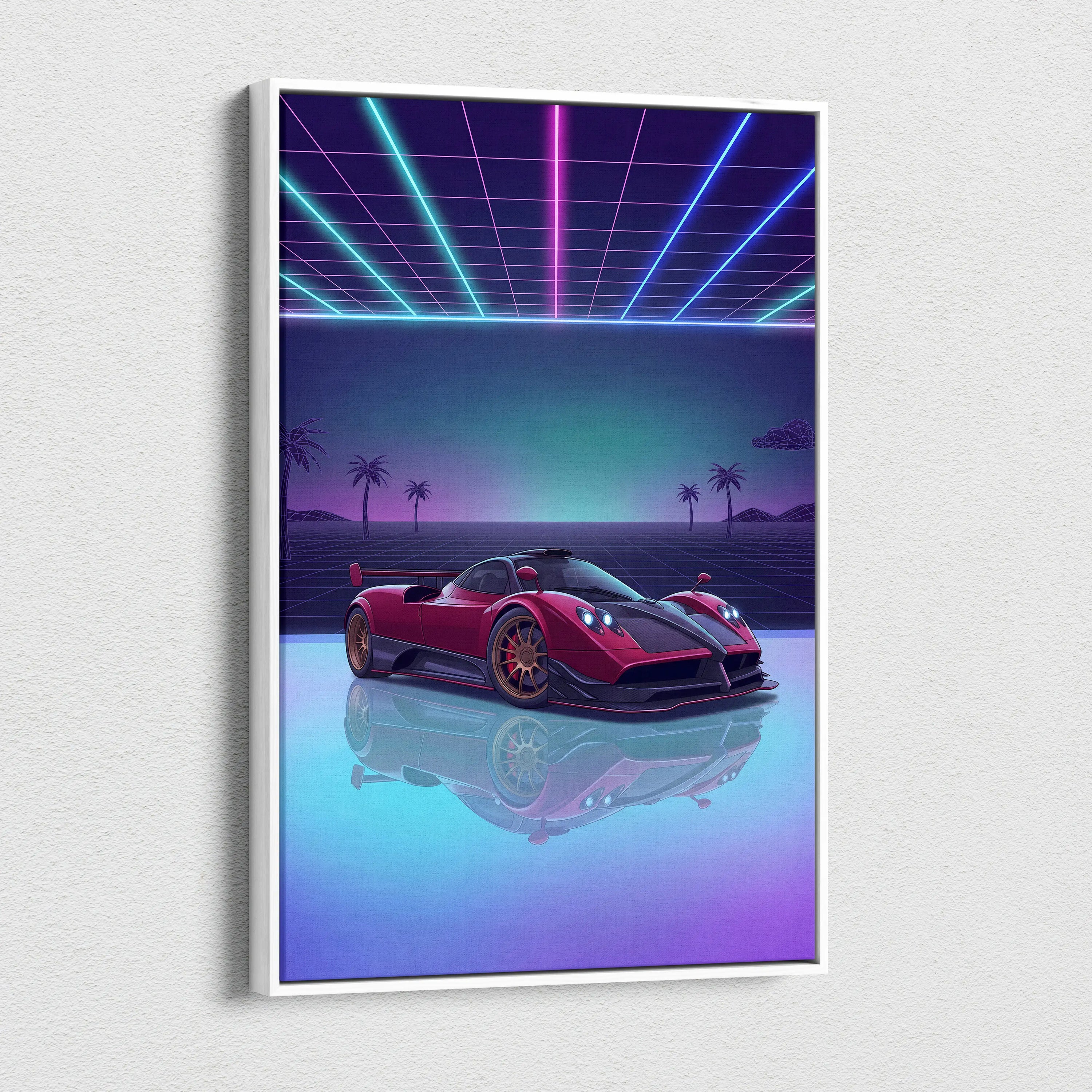 Pagani Zonda Inspired Red Purple Canvas Wall Art, Vaporwave Hypercar Artwork, Neon Grid Garage Decor, Retro Futuristic Exotic Car Print
