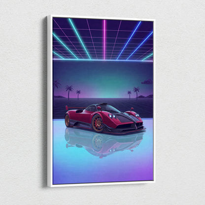 Pagani Zonda Inspired Red Purple Canvas Wall Art, Vaporwave Hypercar Artwork, Neon Grid Garage Decor, Retro Futuristic Exotic Car Print