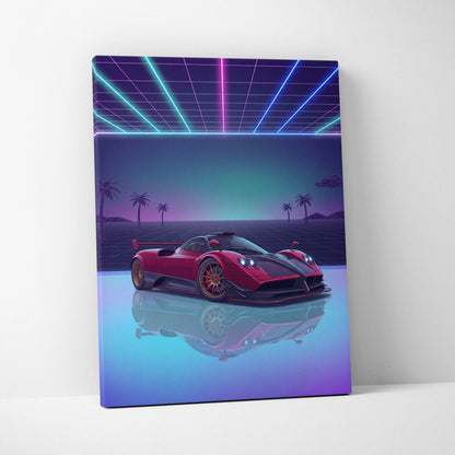 Pagani Zonda Inspired Red Purple Canvas Wall Art, Vaporwave Hypercar Artwork, Neon Grid Garage Decor, Retro Futuristic Exotic Car Print