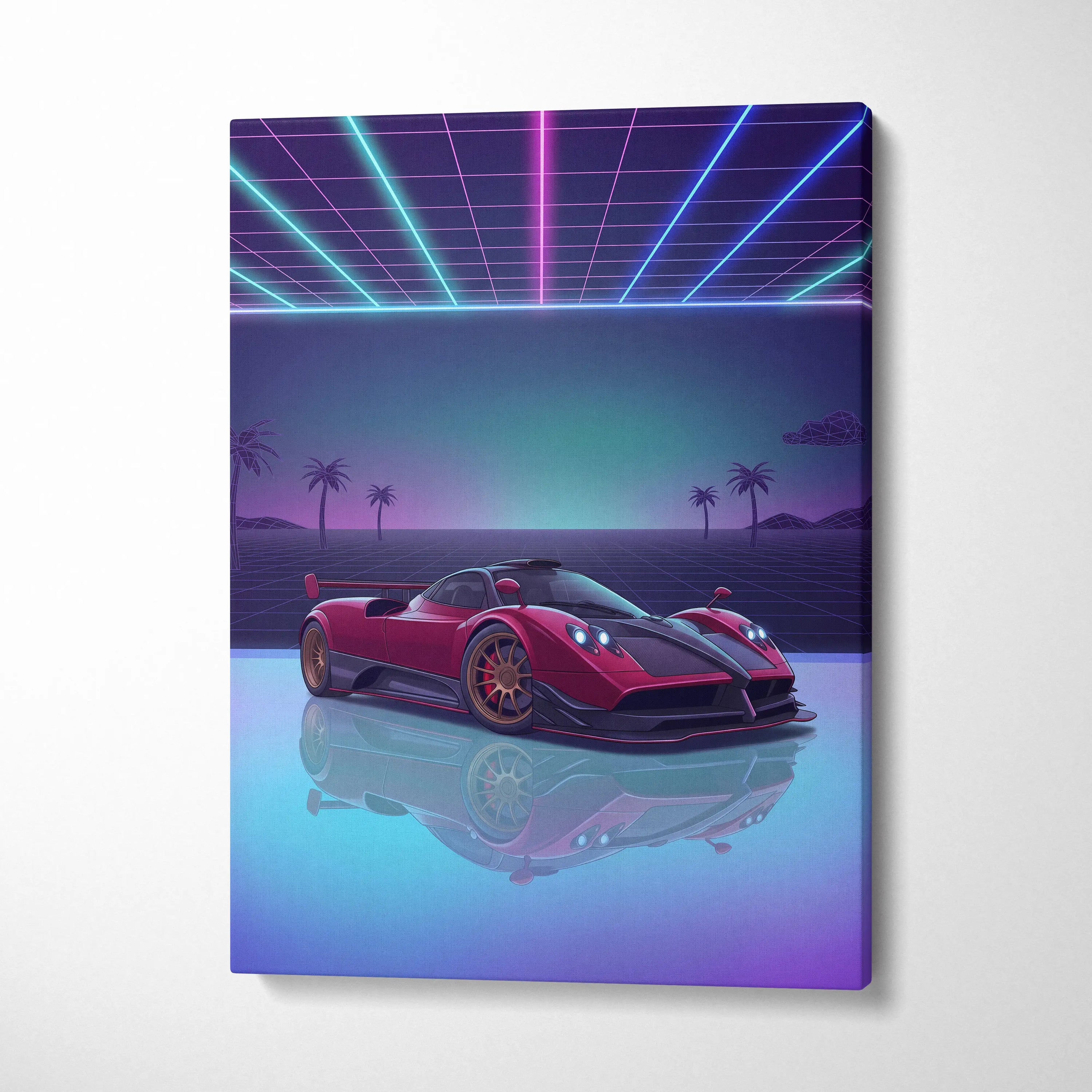 Pagani Zonda Inspired Red Purple Canvas Wall Art, Vaporwave Hypercar Artwork, Neon Grid Garage Decor, Retro Futuristic Exotic Car Print