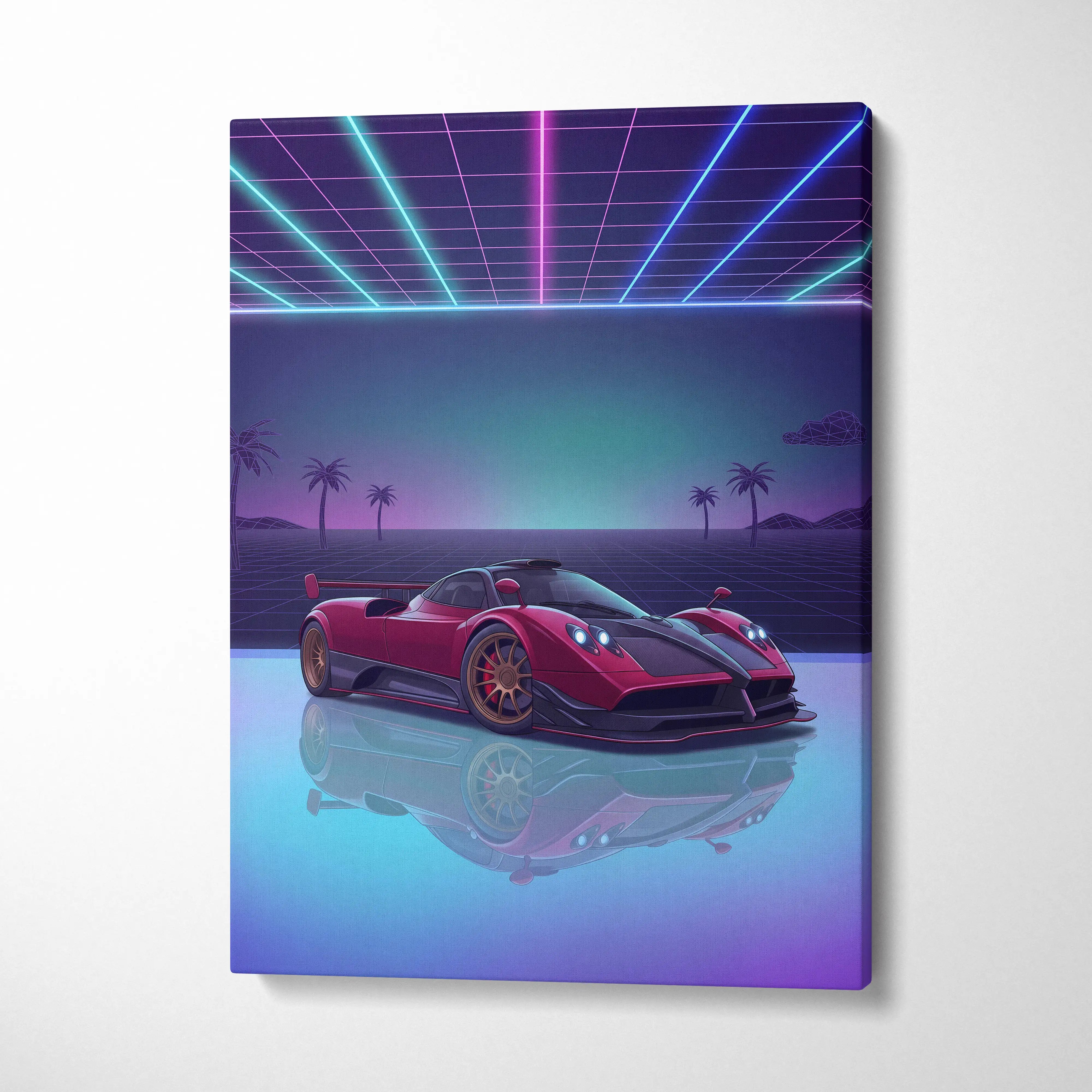 Pagani Zonda Inspired Red Purple Canvas Wall Art, Vaporwave Hypercar Artwork, Neon Grid Garage Decor, Retro Futuristic Exotic Car Print