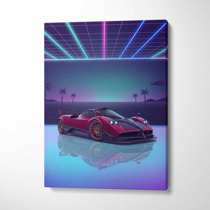 Pagani Zonda Inspired Red Purple Canvas Wall Art, Vaporwave Hypercar Artwork, Neon Grid Garage Decor, Retro Futuristic Exotic Car Print