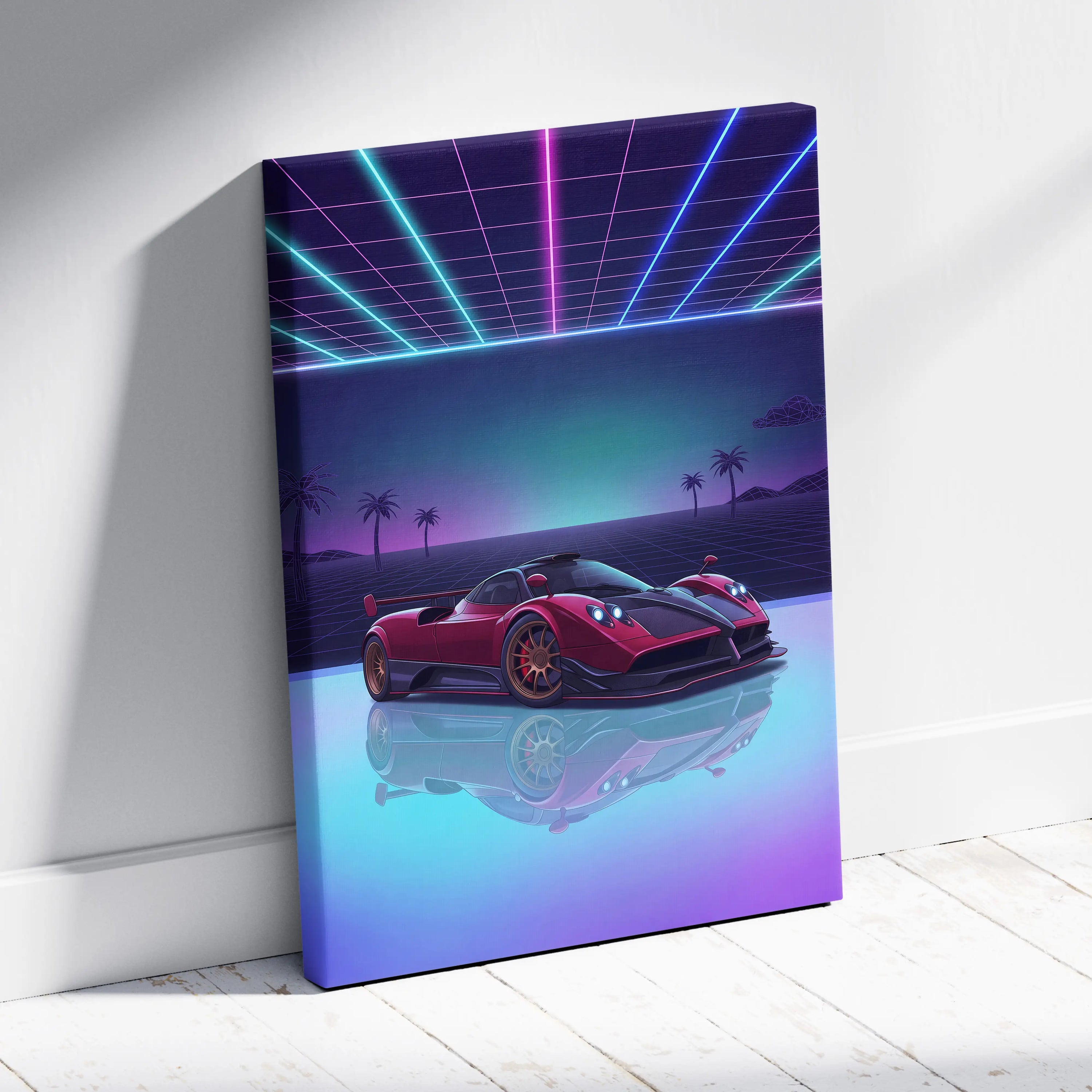 Pagani Zonda Inspired Red Purple Canvas Wall Art, Vaporwave Hypercar Artwork, Neon Grid Garage Decor, Retro Futuristic Exotic Car Print