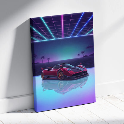 Pagani Zonda Inspired Red Purple Canvas Wall Art, Vaporwave Hypercar Artwork, Neon Grid Garage Decor, Retro Futuristic Exotic Car Print