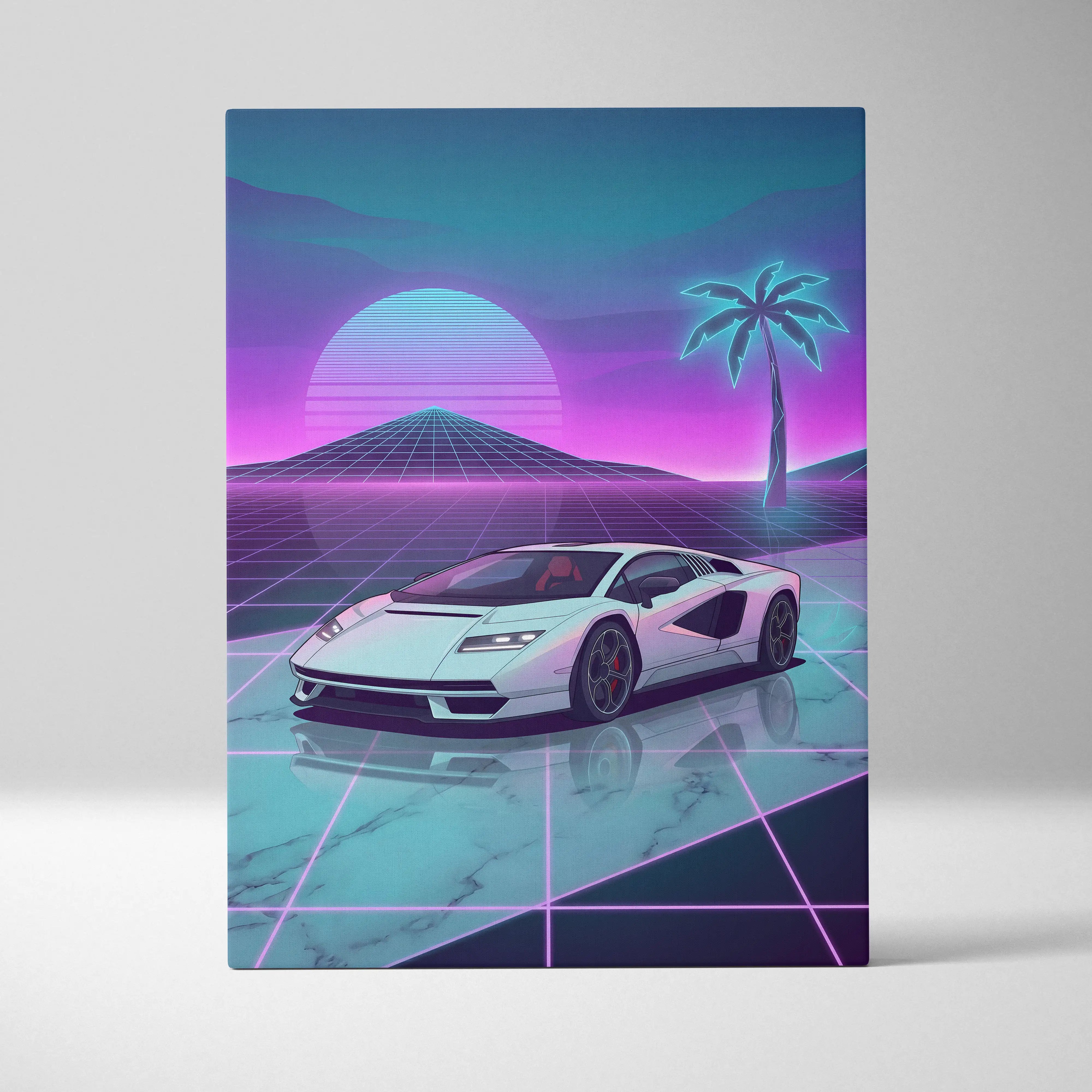 Lamborghini countach lp 800 inspired white sports car with black accents and red interior in retro futuristic canvas wall art