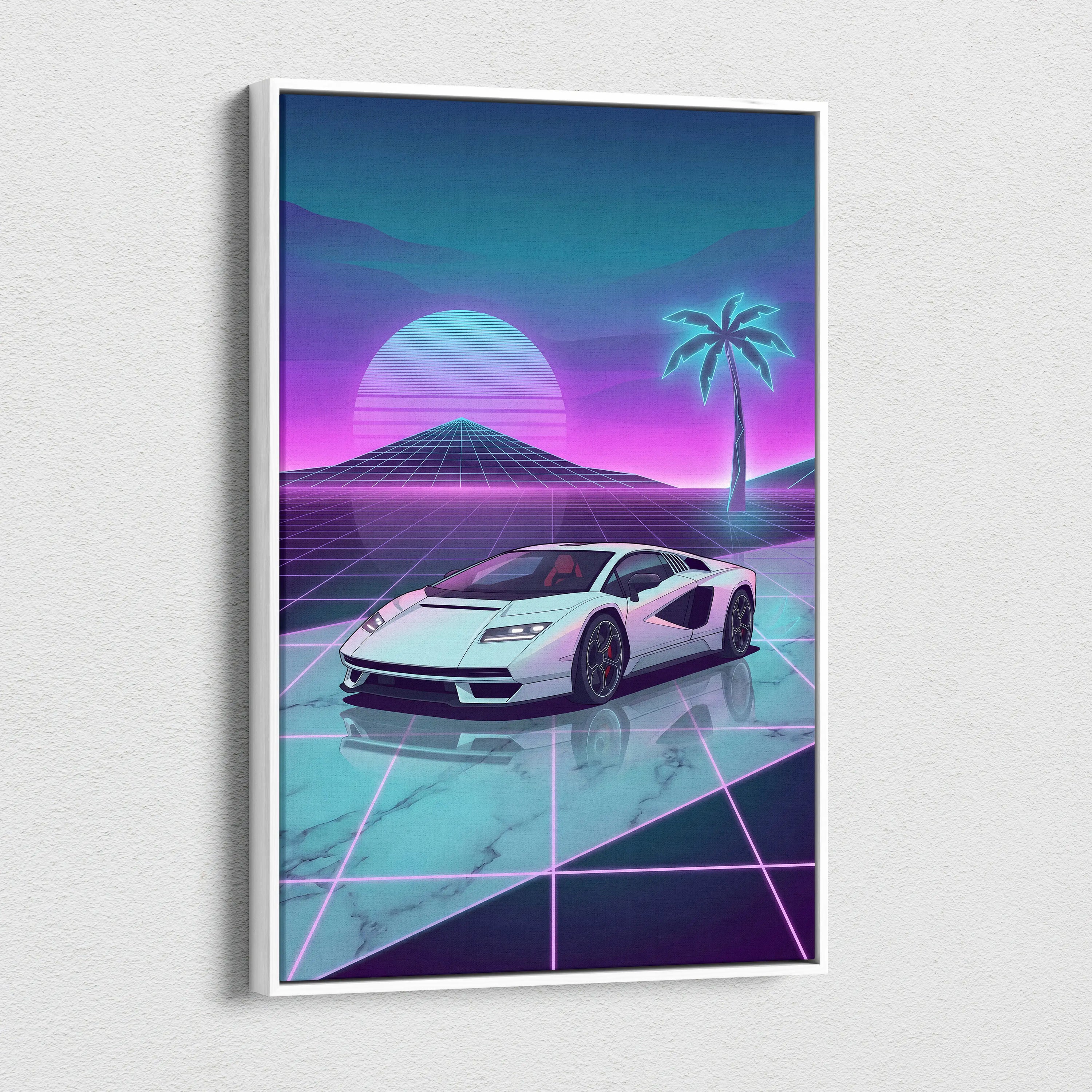 Lamborghini Countach LP 800 Inspired White Purple Canvas Wall Art, Vaporwave Supercar Artwork, Neon Grid Garage Decor, Retro Futuristic Exotic Car Print