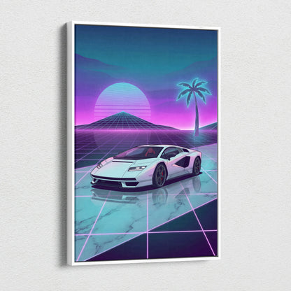 Lamborghini Countach LP 800 Inspired White Purple Canvas Wall Art, Vaporwave Supercar Artwork, Neon Grid Garage Decor, Retro Futuristic Exotic Car Print