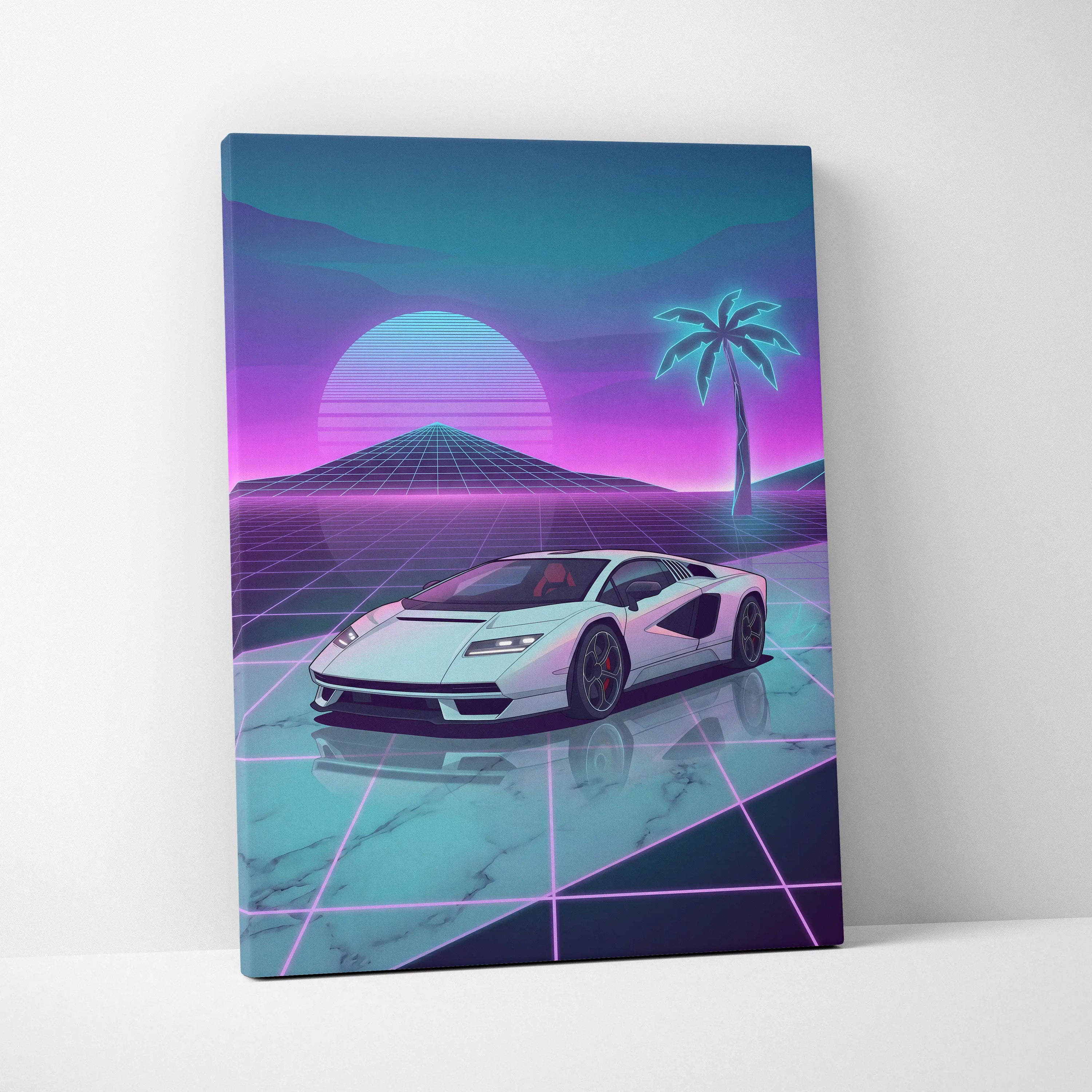 Lamborghini Countach LP 800 Inspired White Purple Canvas Wall Art, Vaporwave Supercar Artwork, Neon Grid Garage Decor, Retro Futuristic Exotic Car Print
