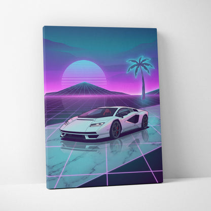 Lamborghini Countach LP 800 Inspired White Purple Canvas Wall Art, Vaporwave Supercar Artwork, Neon Grid Garage Decor, Retro Futuristic Exotic Car Print