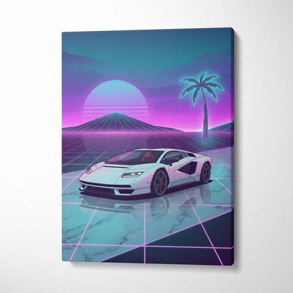Lamborghini Countach LP 800 Inspired White Purple Canvas Wall Art, Vaporwave Supercar Artwork, Neon Grid Garage Decor, Retro Futuristic Exotic Car Print
