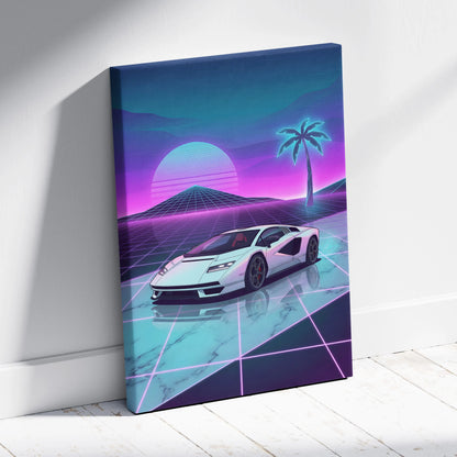 Lamborghini Countach LP 800 Inspired White Purple Canvas Wall Art, Vaporwave Supercar Artwork, Neon Grid Garage Decor, Retro Futuristic Exotic Car Print