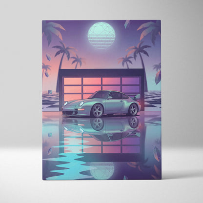 Porsche 911 GT2 Classic Inspired Silver Purple Canvas Wall Art Vaporwave Neon Garage Sports Car Artwork, Retro Palm Sunset Decor